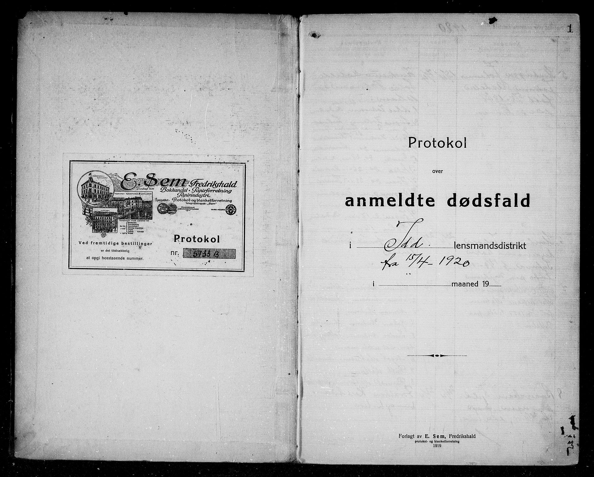 Idd lensmannsarkiv, SAO/A-10633/H/Ha/L0004: Dødsfallsprotokoll, 1920-1929, s. 1