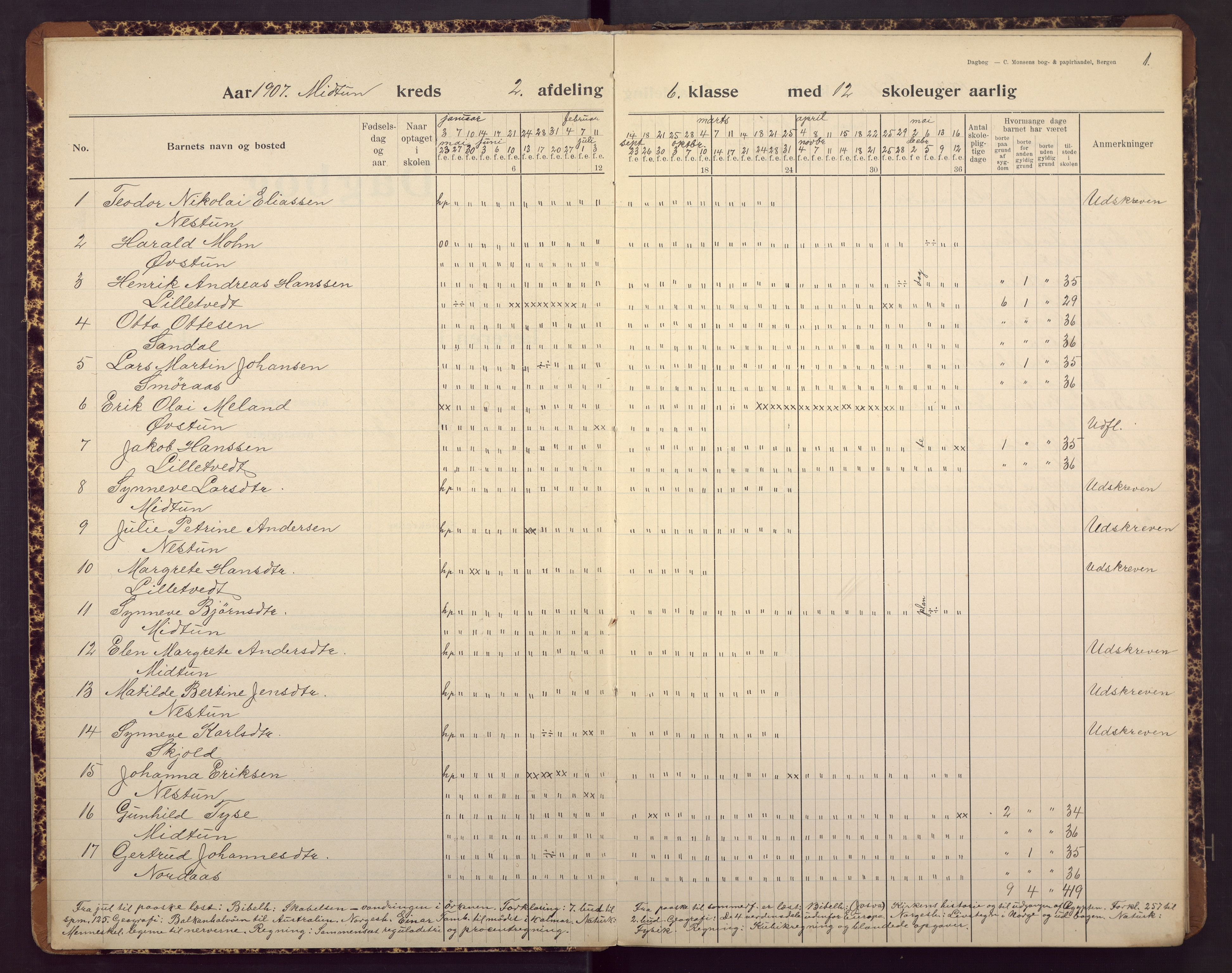 Midtun skole, BBA/A-2399/G/Ga/Gaa/L0003: Klassedagbok , 1907-1919