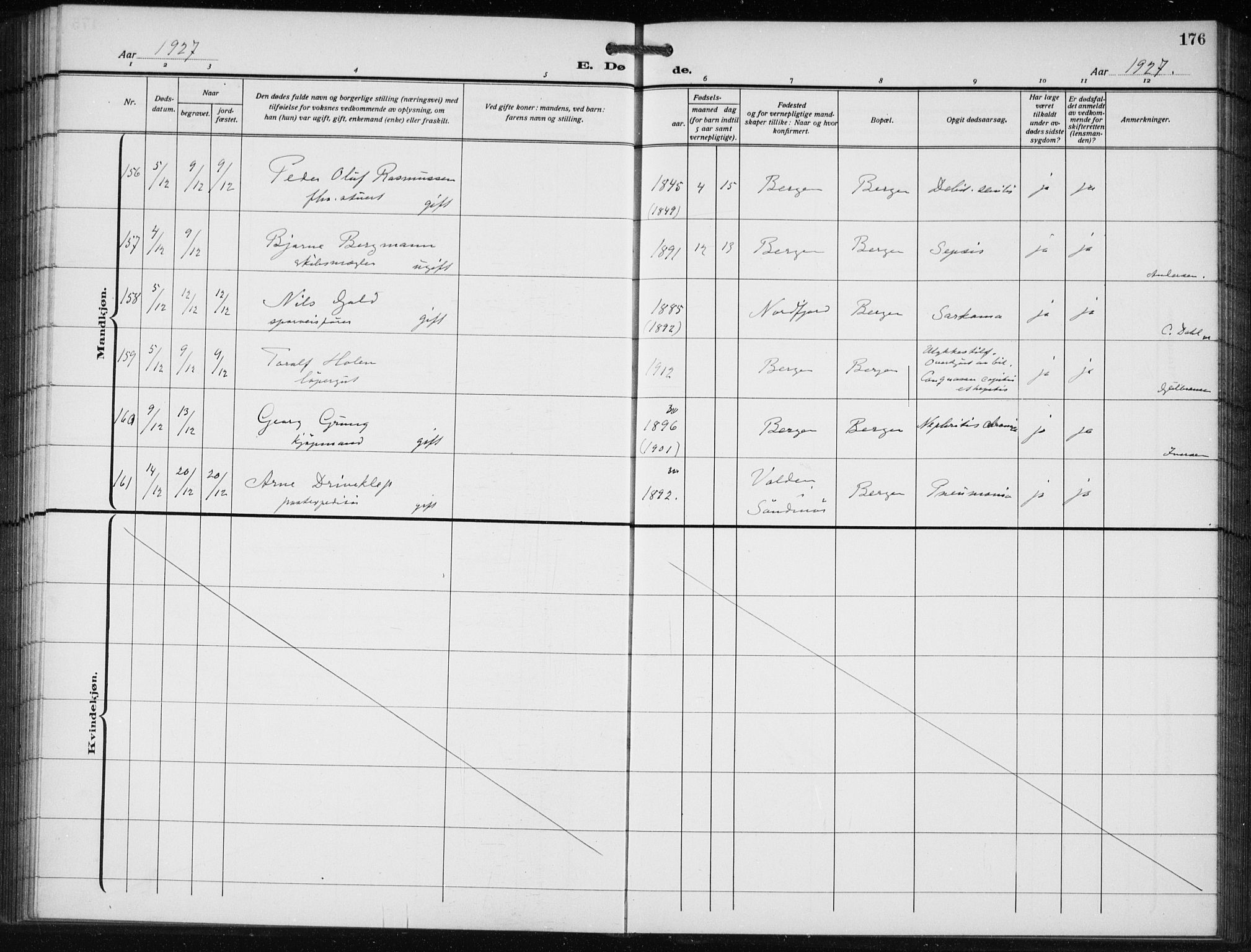 Bergen kommunale pleiehjem - stiftelsespresten, AV/SAB-A-100281: Ministerialbok nr. A 7, 1921-1932, s. 176