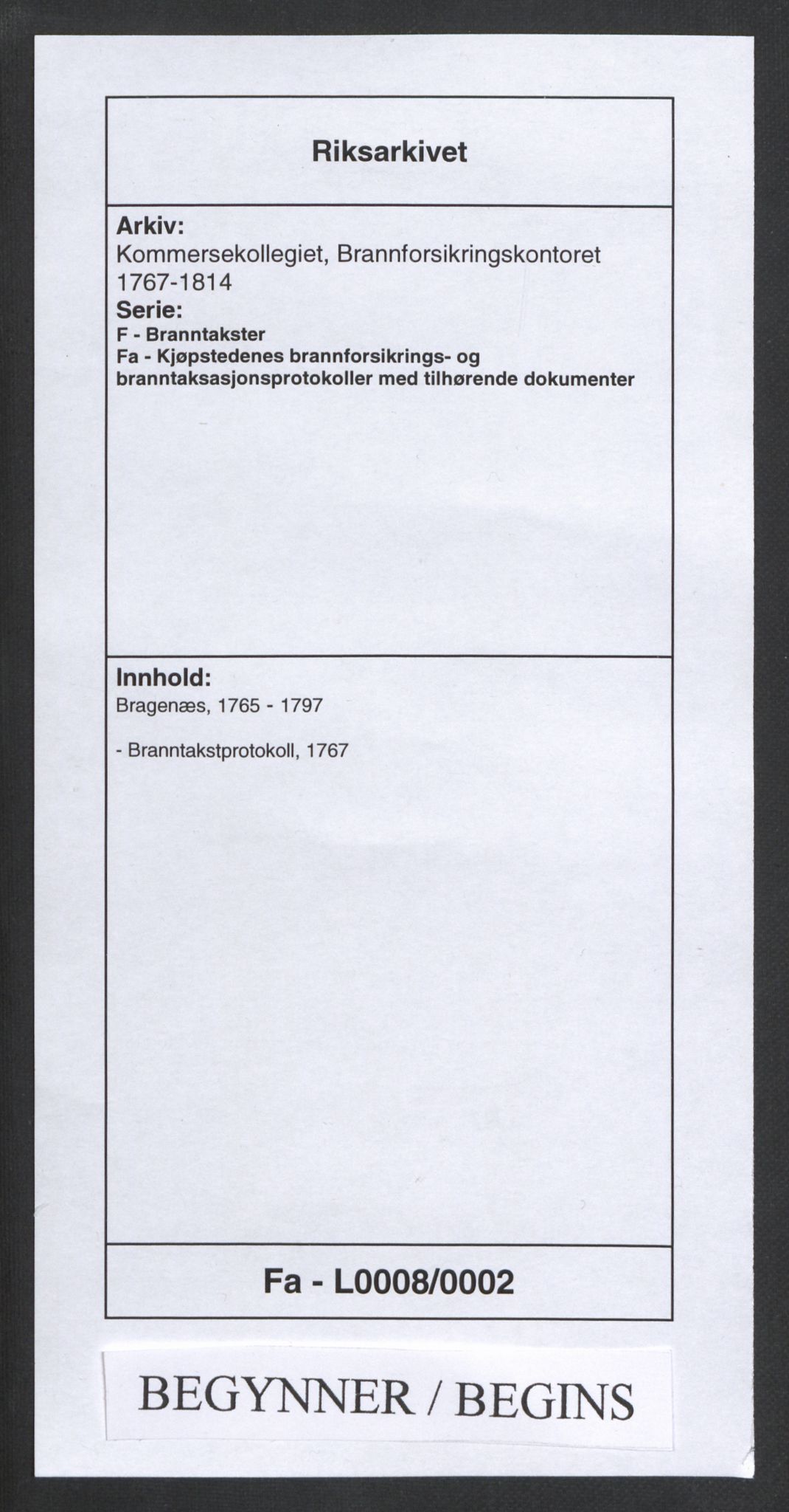 Kommersekollegiet, Brannforsikringskontoret 1767-1814, RA/EA-5458/F/Fa/L0008/0002: Bragernes / Branntakstprotokoll, 1767