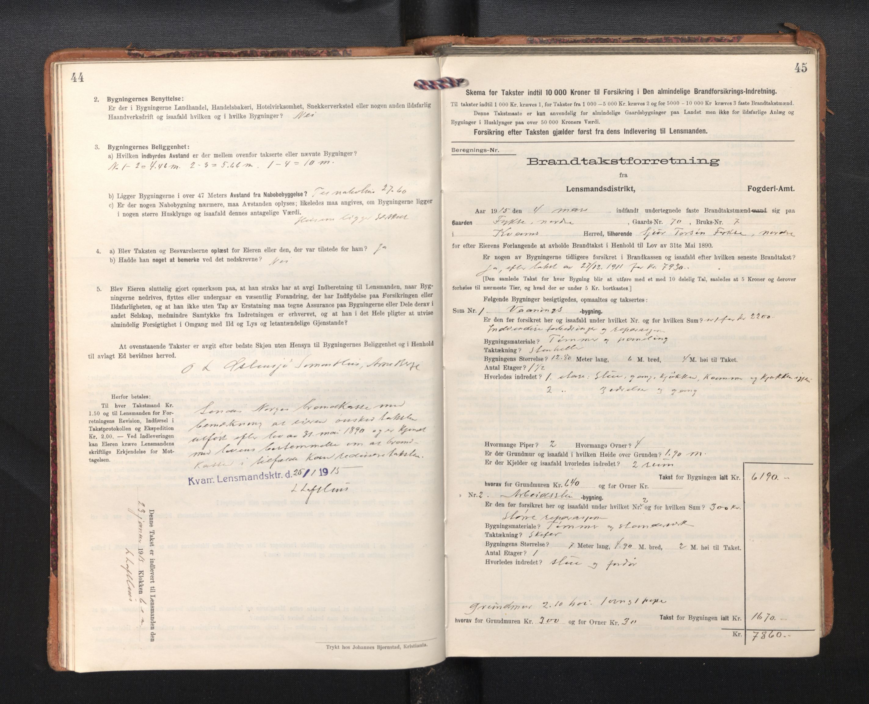 Lensmannen i Kvam, SAB/A-33201/0012/L0006: Branntakstprotokoll, skjematakst, 1913-1955, s. 44-45