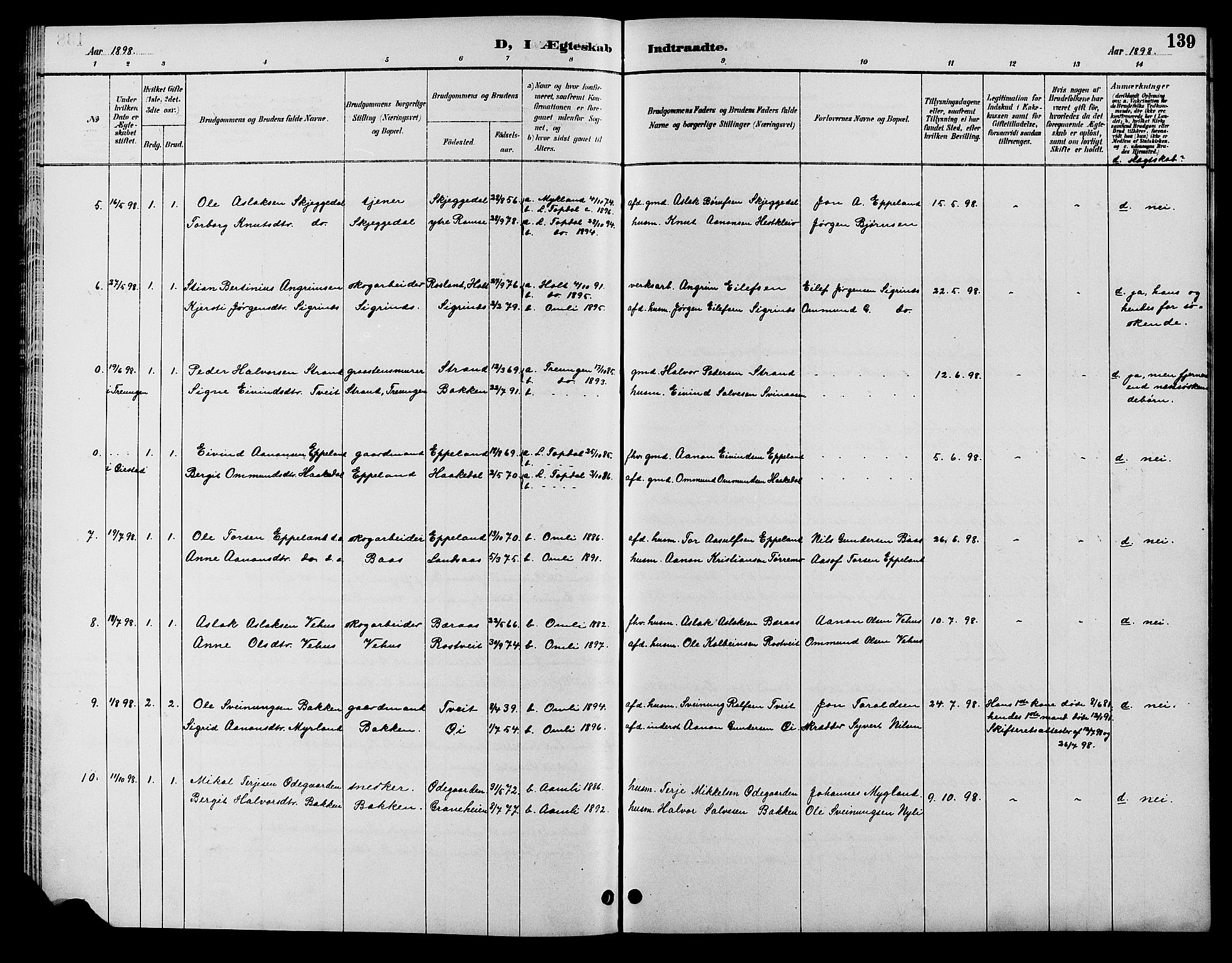 Åmli sokneprestkontor, SAK/1111-0050/F/Fb/Fbc/L0004: Klokkerbok nr. B 4, 1889-1902, s. 139