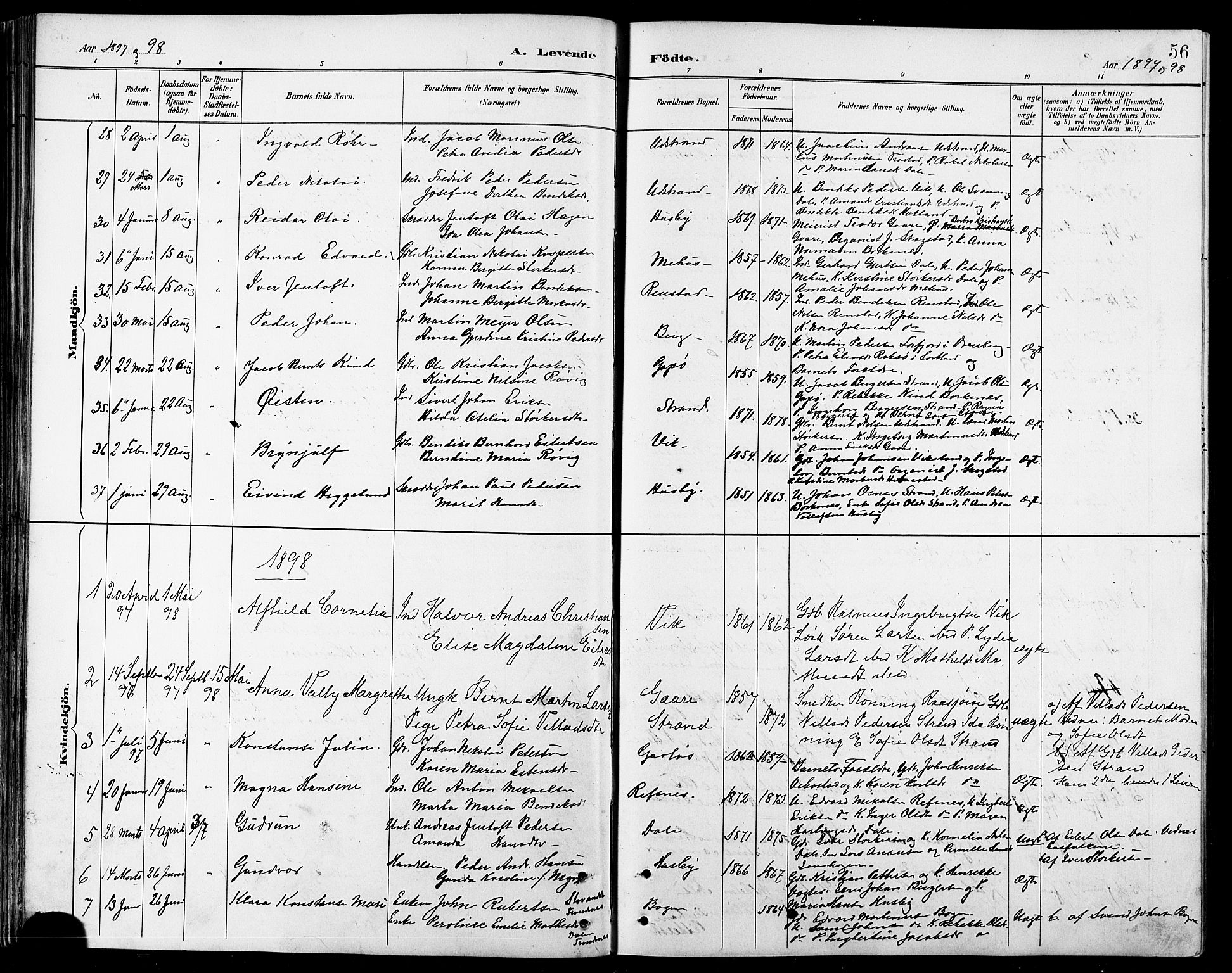 Kvæfjord sokneprestkontor, AV/SATØ-S-1323/G/Ga/Gab/L0005klokker: Klokkerbok nr. 5, 1886-1911, s. 56