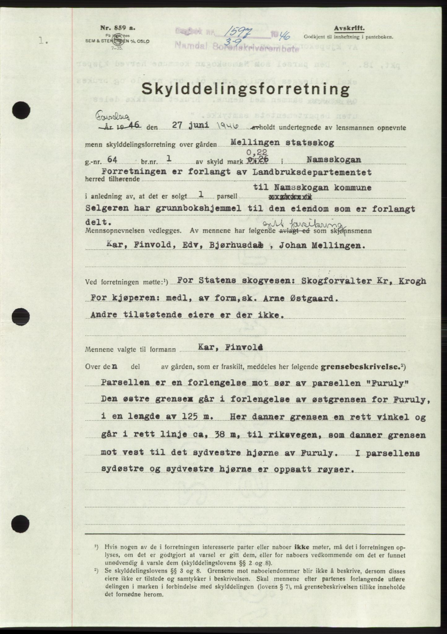 Namdal sorenskriveri, SAT/A-4133/1/2/2C: Pantebok nr. -, 1946-1947, Dagboknr: 1597/1946