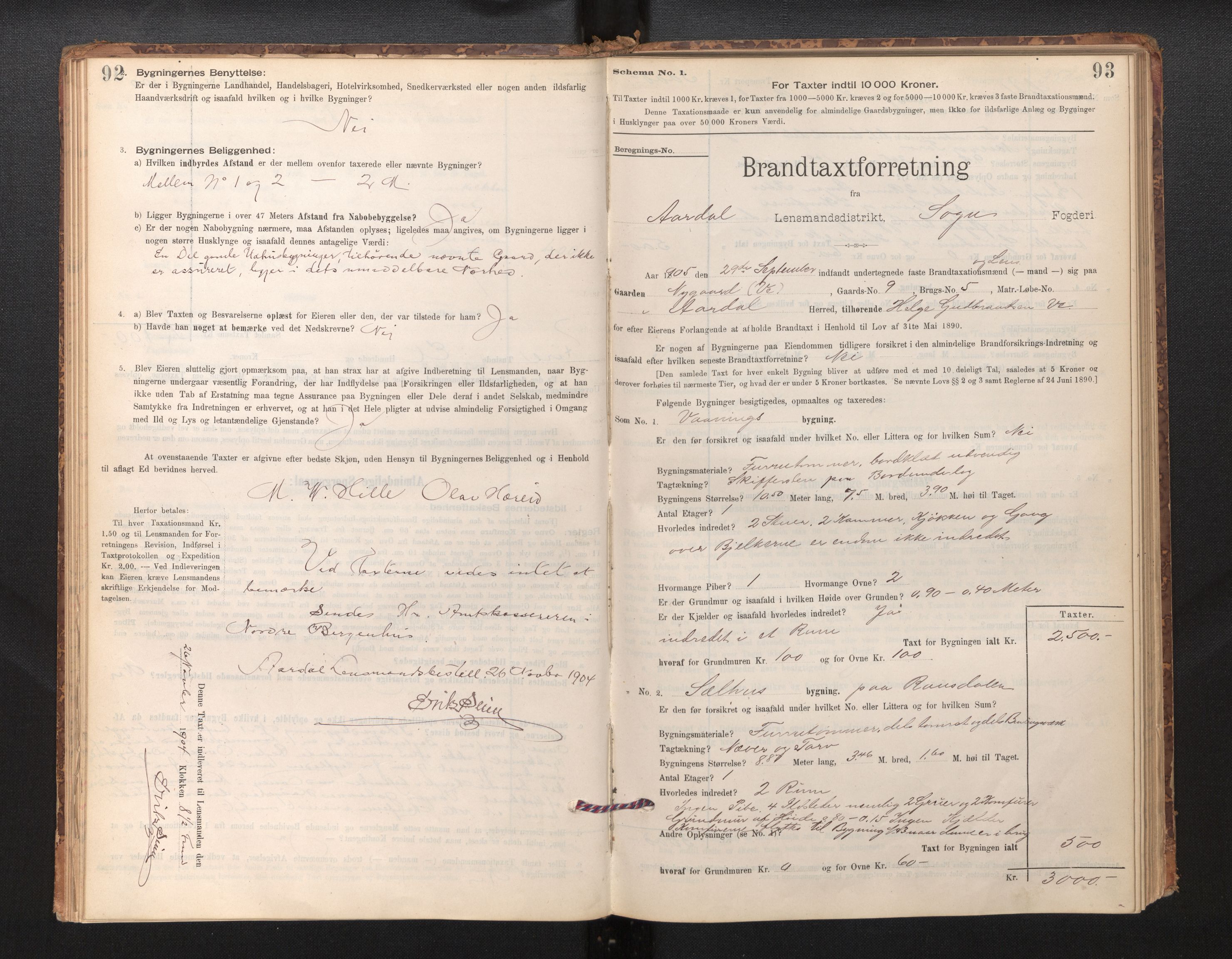 Lensmannen i Årdal, SAB/A-30501/0012/L0008: Branntakstprotokoll, skjematakst, 1895-1915, s. 92-93