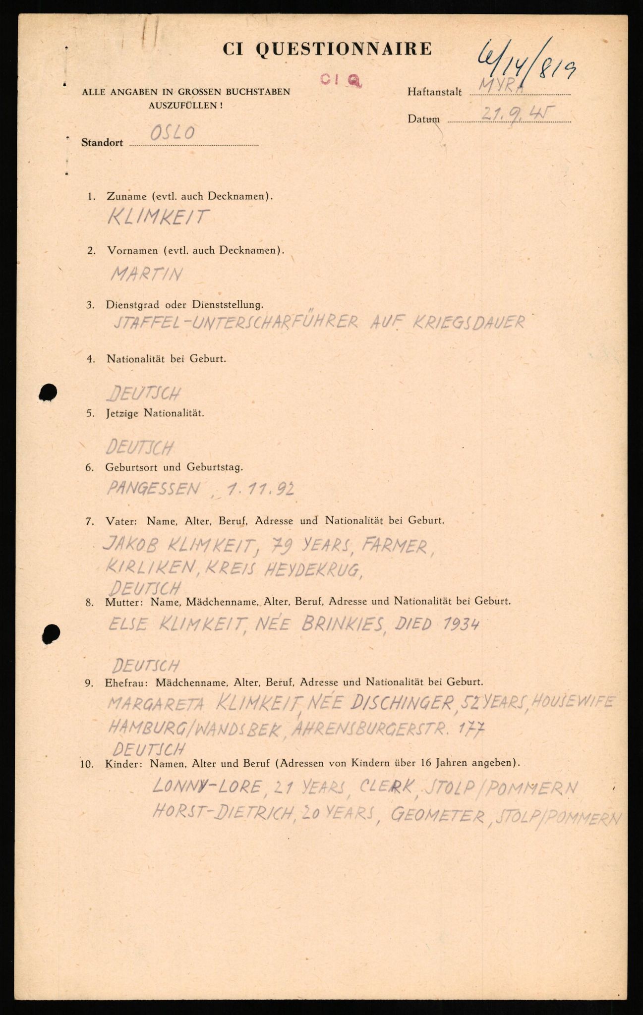 Forsvaret, Forsvarets overkommando II, AV/RA-RAFA-3915/D/Db/L0017: CI Questionaires. Tyske okkupasjonsstyrker i Norge. Tyskere., 1945-1946, s. 30