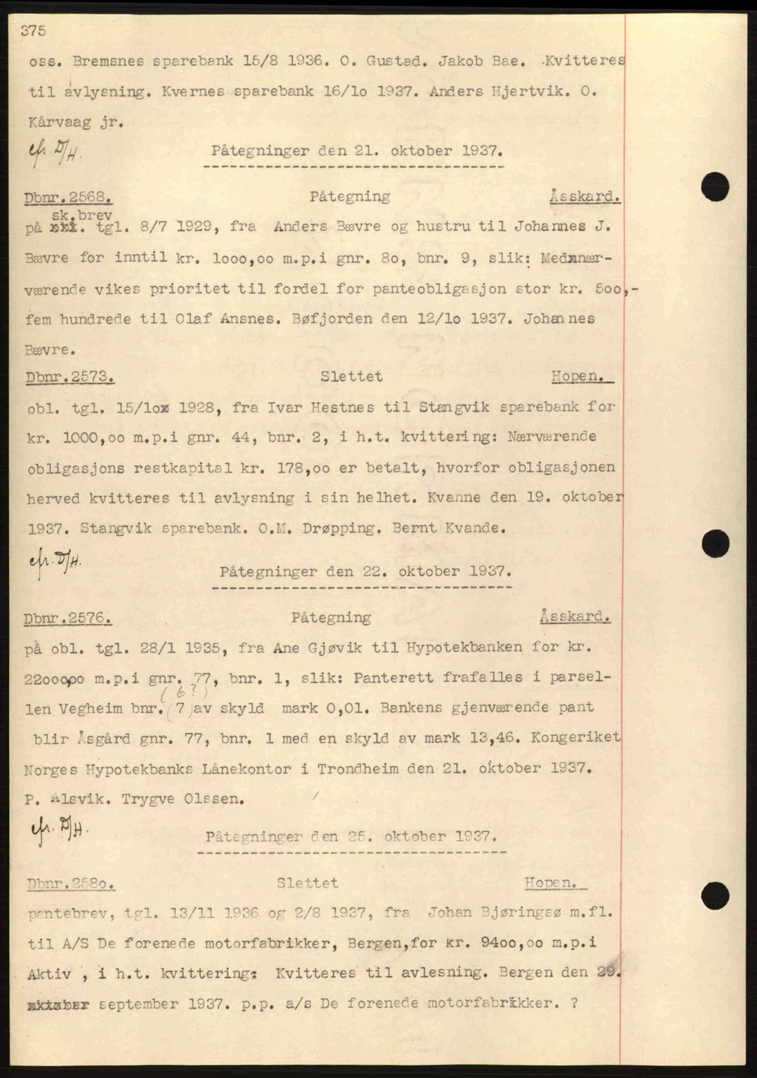 Nordmøre sorenskriveri, SAT/A-4132/1/2/2Ca: Pantebok nr. C80, 1936-1939, Dagboknr: 2568/1937