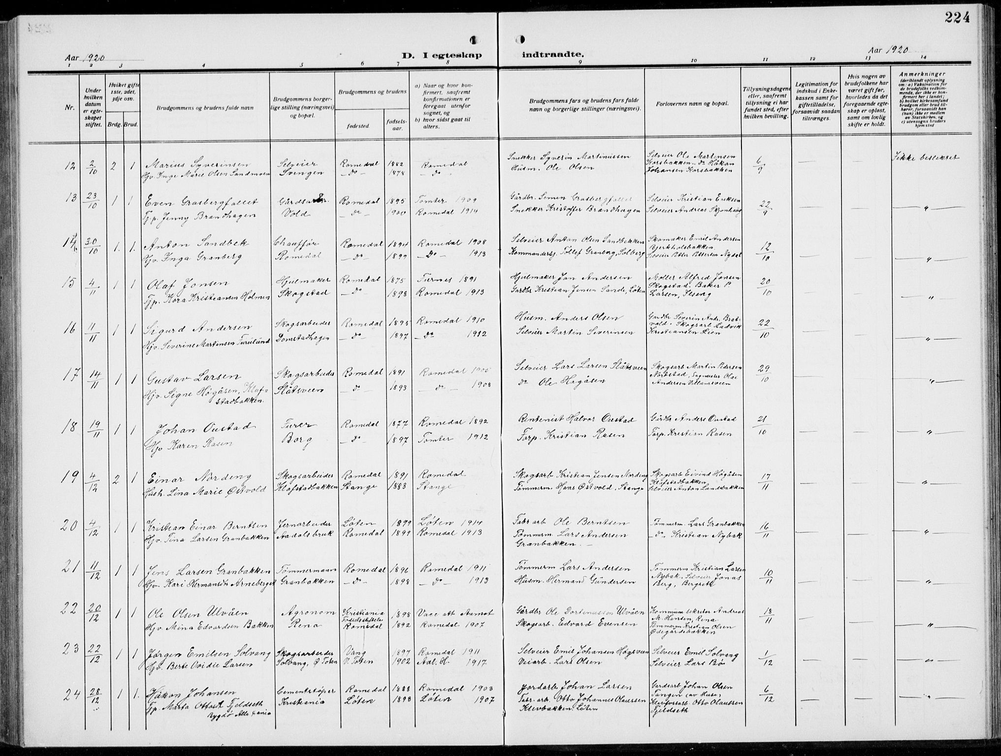 Romedal prestekontor, AV/SAH-PREST-004/L/L0014: Klokkerbok nr. 14, 1915-1939, s. 224