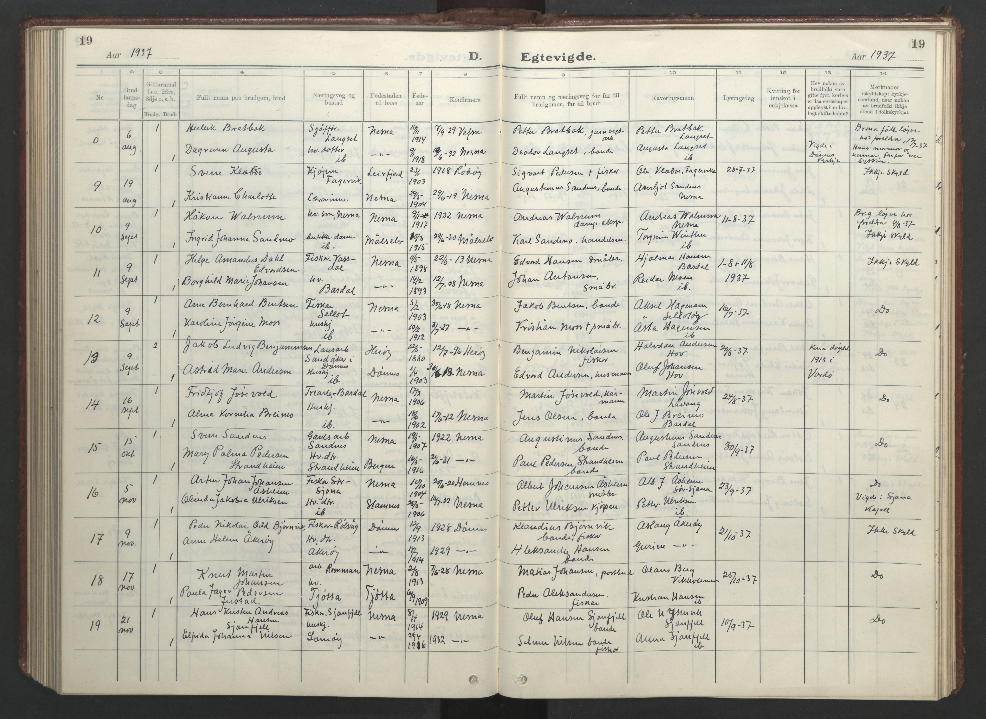 Ministerialprotokoller, klokkerbøker og fødselsregistre - Nordland, AV/SAT-A-1459/838/L0561: Klokkerbok nr. 838C08, 1923-1953, s. 19