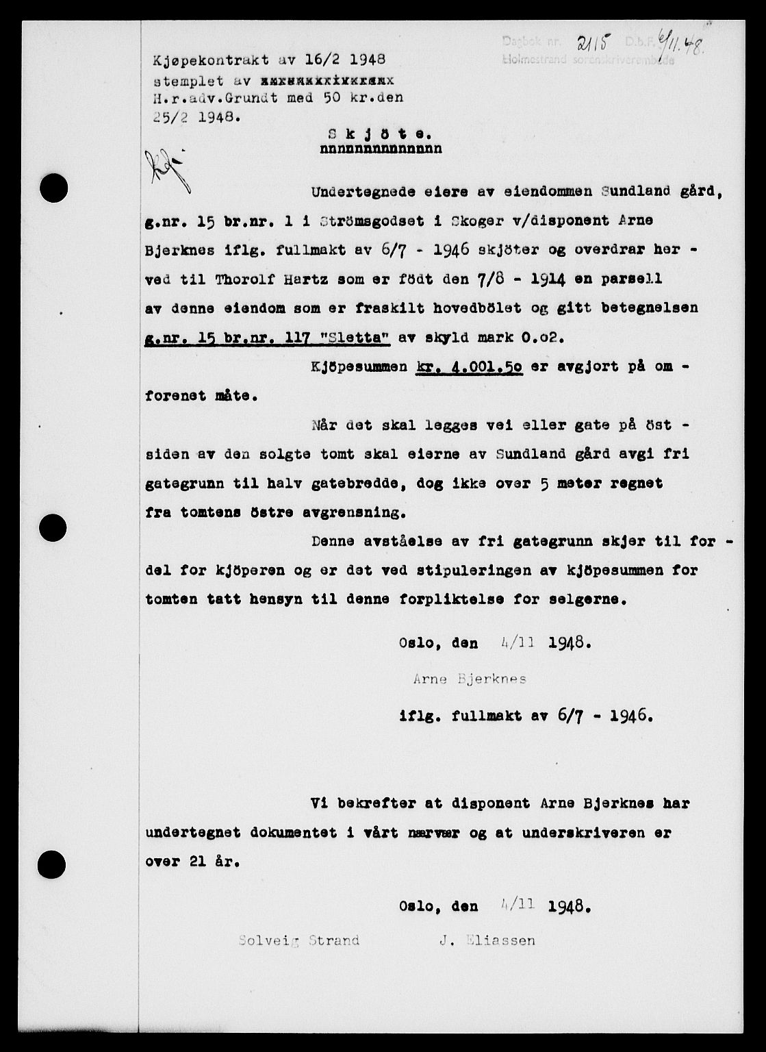 Holmestrand sorenskriveri, SAKO/A-67/G/Ga/Gaa/L0065: Pantebok nr. A-65, 1948-1949, Dagboknr: 2115/1948