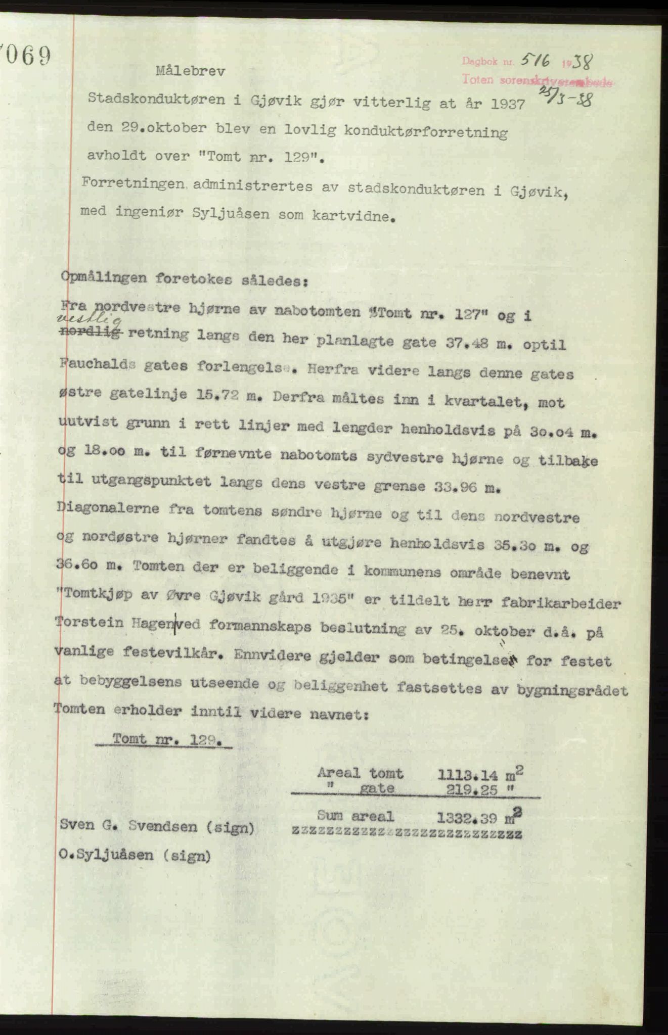 Toten tingrett, SAH/TING-006/H/Hb/Hbc/L0003: Pantebok nr. Hbc-03, 1937-1938, Dagboknr: 516/1938