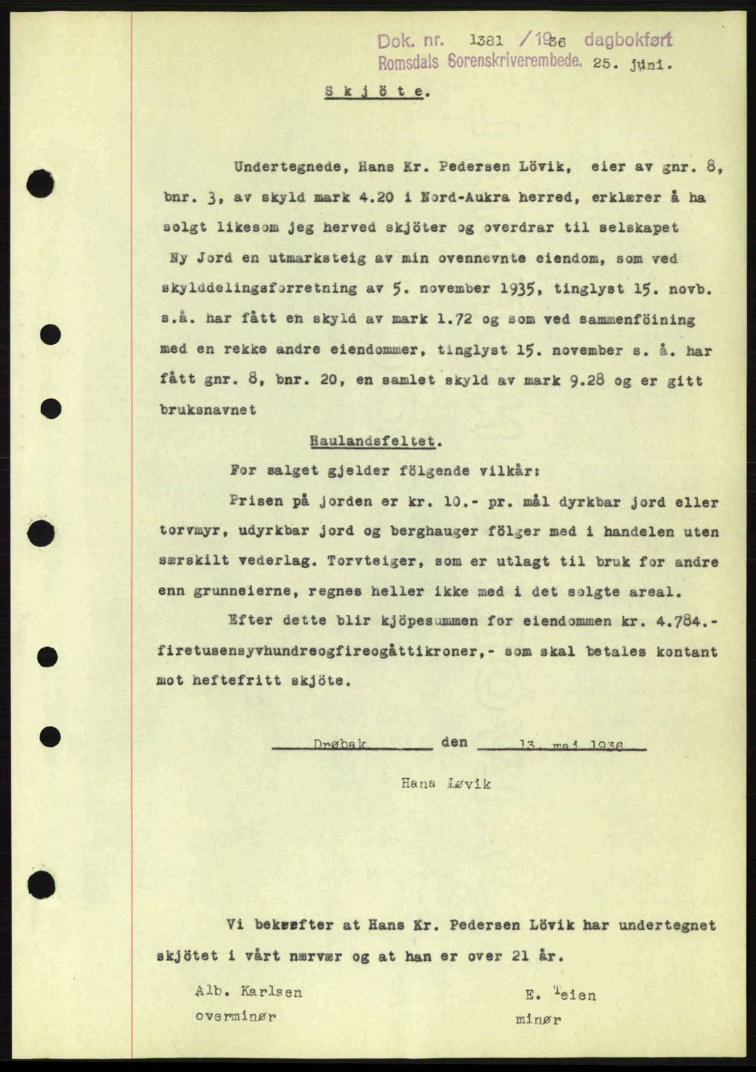Romsdal sorenskriveri, SAT/A-4149/1/2/2C: Pantebok nr. A1, 1936-1936, Dagboknr: 1381/1936