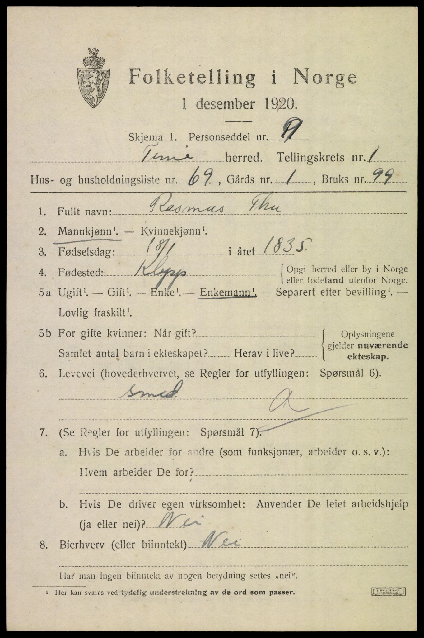 SAST, Folketelling 1920 for 1121 Time herred, 1920, s. 2143