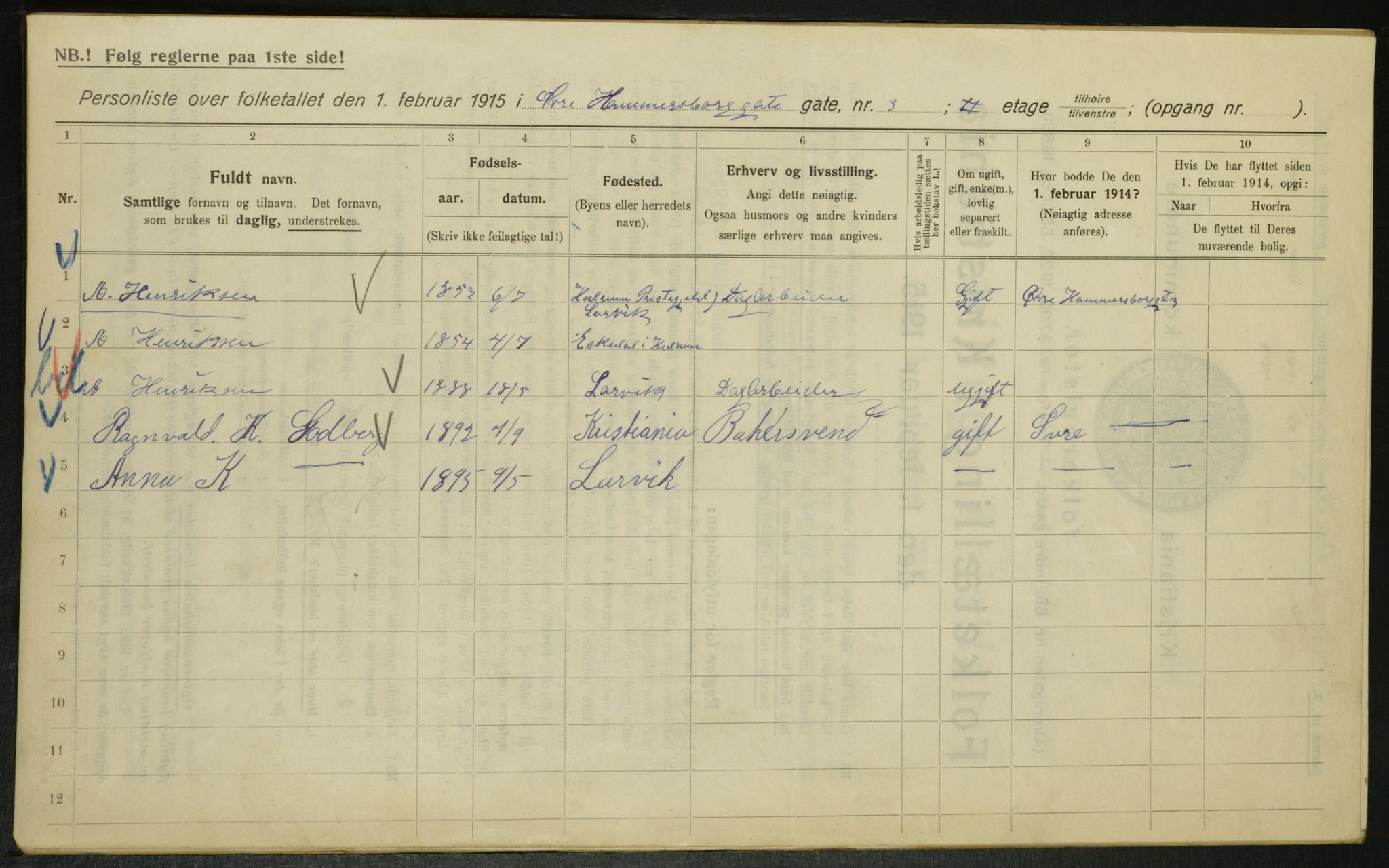 OBA, Kommunal folketelling 1.2.1915 for Kristiania, 1915, s. 130466