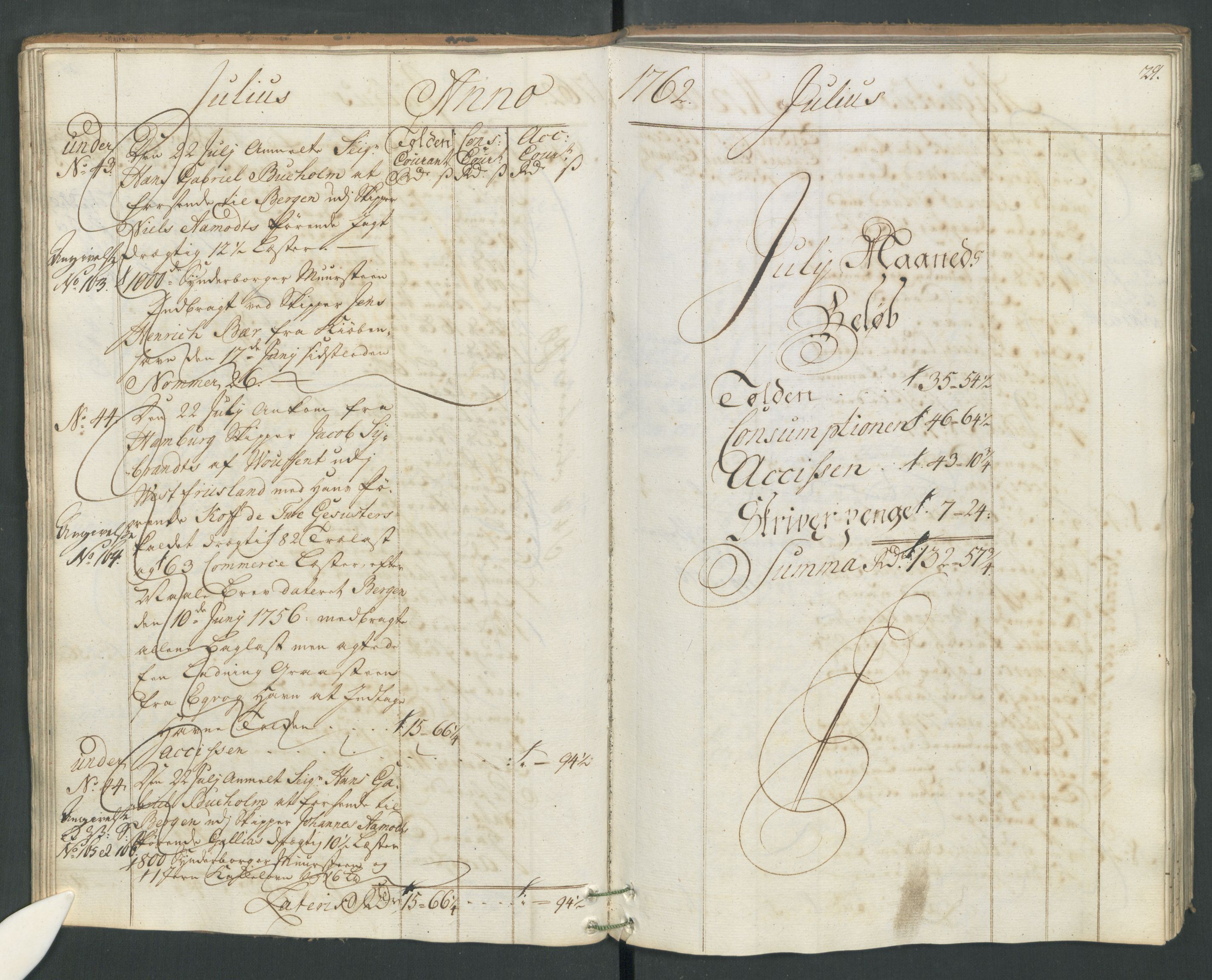 Generaltollkammeret, tollregnskaper, AV/RA-EA-5490/R19/L0021a/0001: Tollregnskaper Flekkefjord / Inngående hovedtollbok, 1762, s. 28b-29a