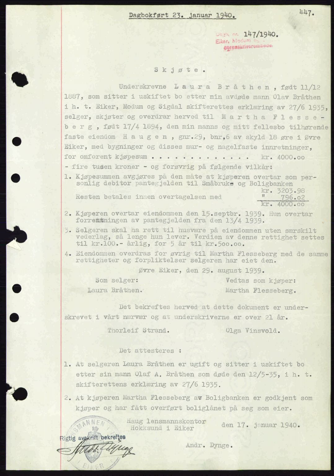 Eiker, Modum og Sigdal sorenskriveri, SAKO/A-123/G/Ga/Gab/L0041: Pantebok nr. A11, 1939-1940, Dagboknr: 147/1940
