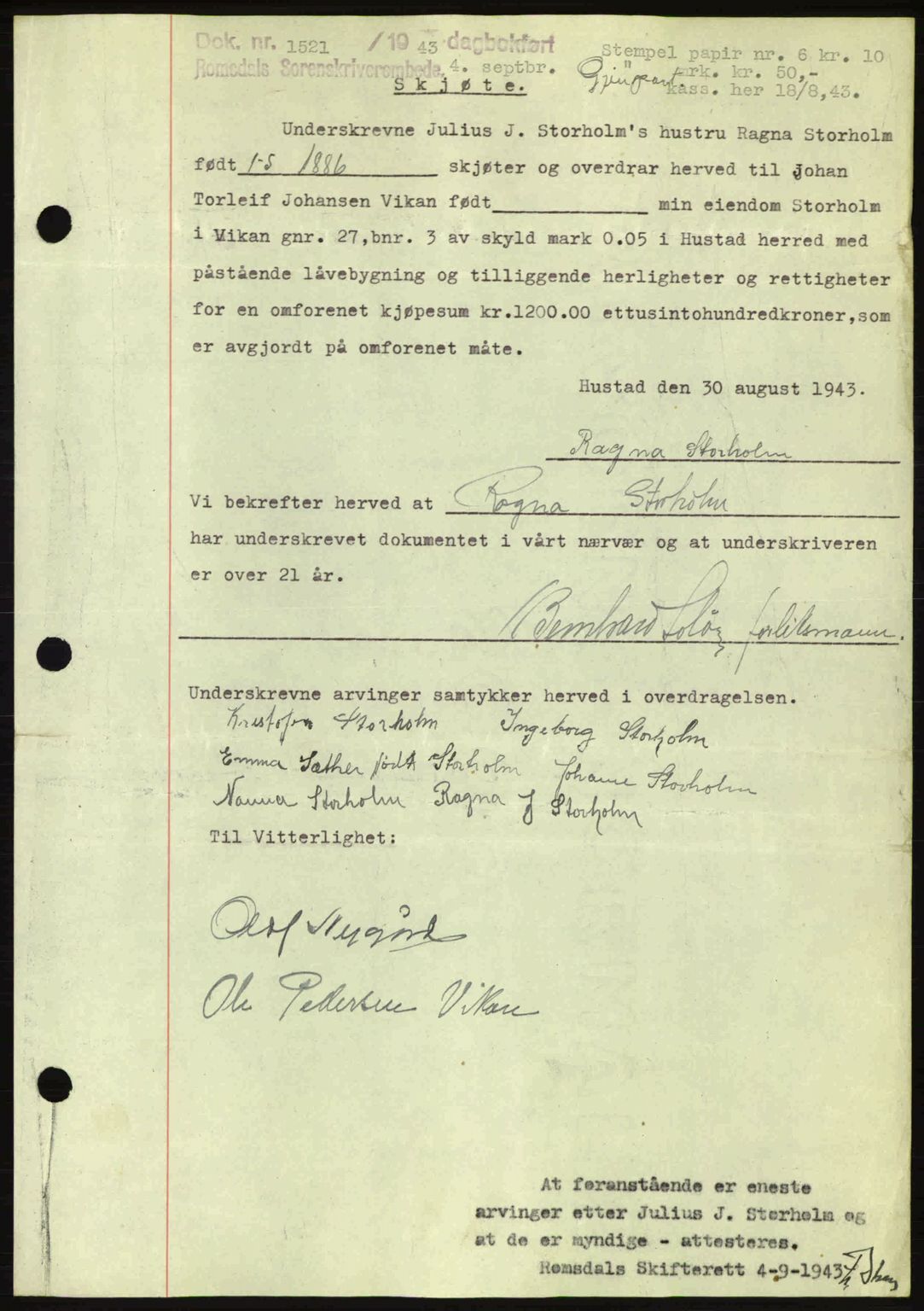 Romsdal sorenskriveri, SAT/A-4149/1/2/2C: Pantebok nr. A14, 1943-1943, Dagboknr: 1521/1943