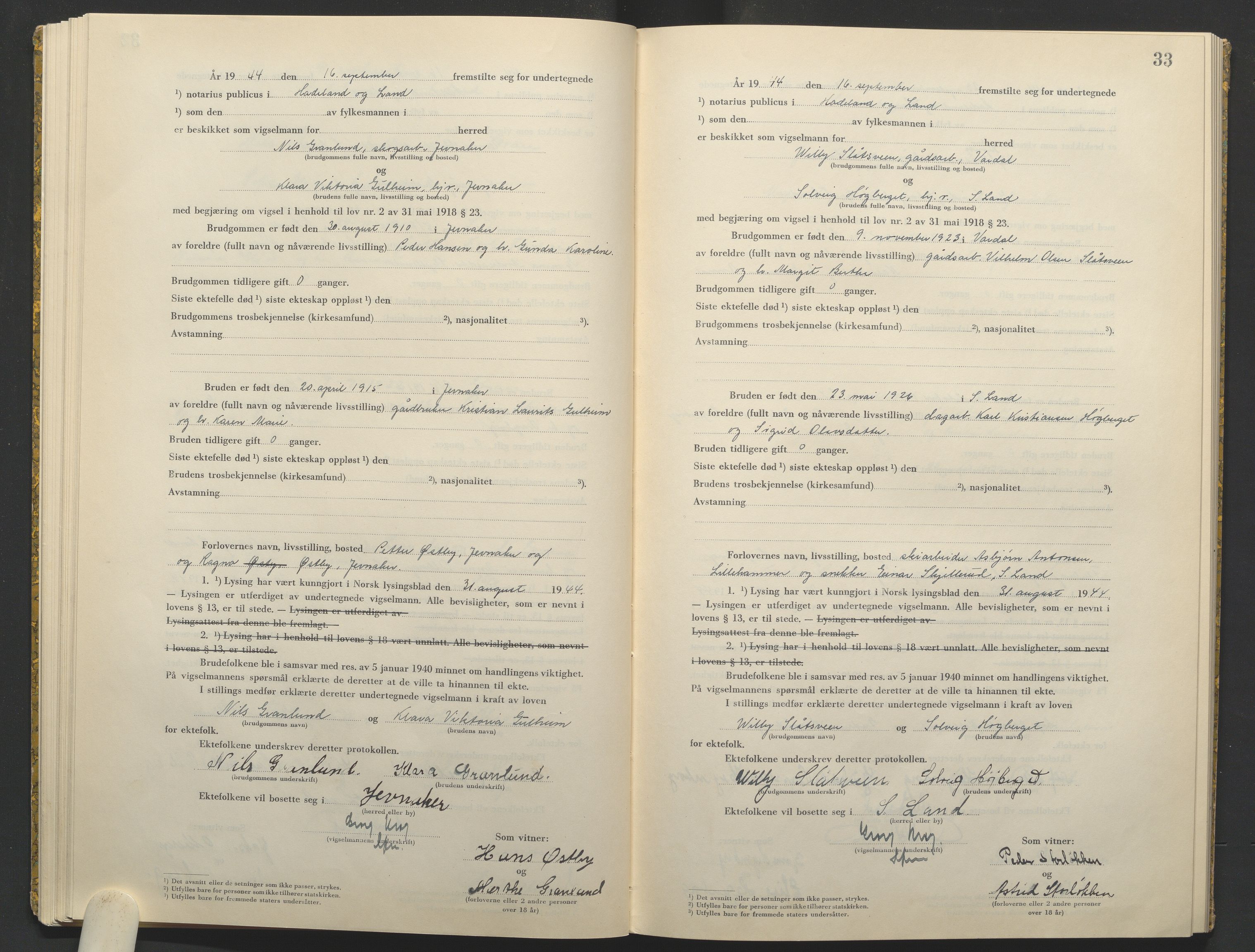 Hadeland og Land tingrett, AV/SAH-TING-010/L/Lb/L0003: Vigselbok, 1944-1946, s. 33