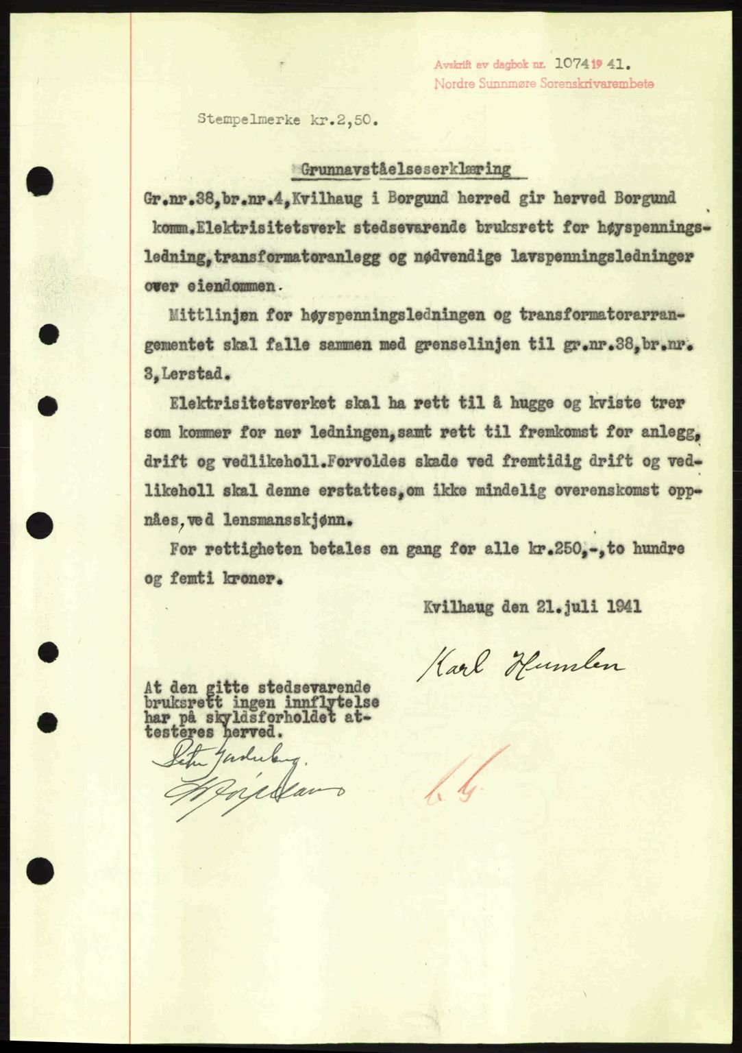 Nordre Sunnmøre sorenskriveri, SAT/A-0006/1/2/2C/2Ca: Pantebok nr. A11, 1941-1941, Dagboknr: 1074/1941
