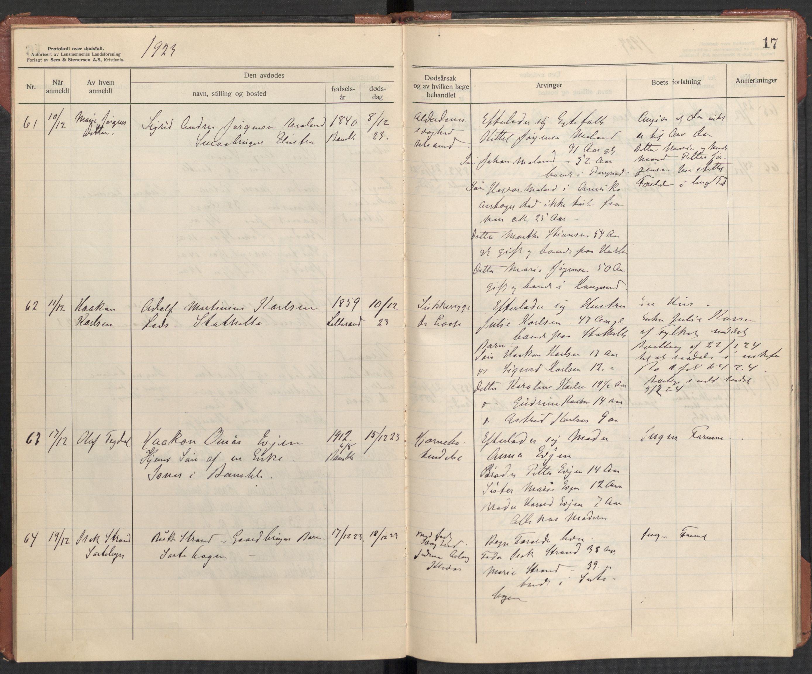 Bamble lensmannskontor, AV/SAKO-A-552/H/Ha/Haa/L0004: Dødsfallsprotokoll, 1923-1926, s. 17