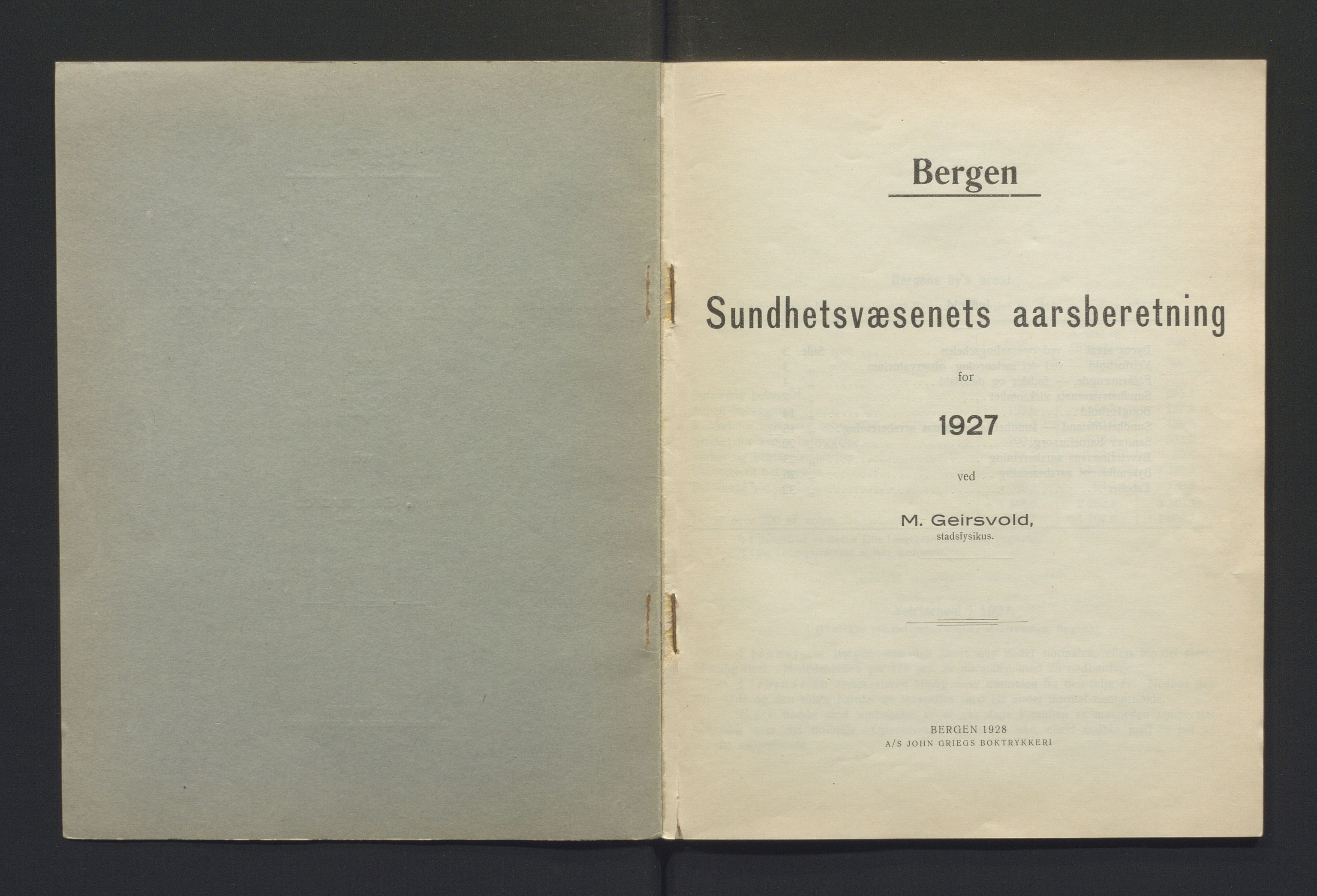 Bergen kommune, Sunnhetsvesen (Bergen helseråd), BBA/A-2617/X/Xa/L0020: Årsmelding, 1927