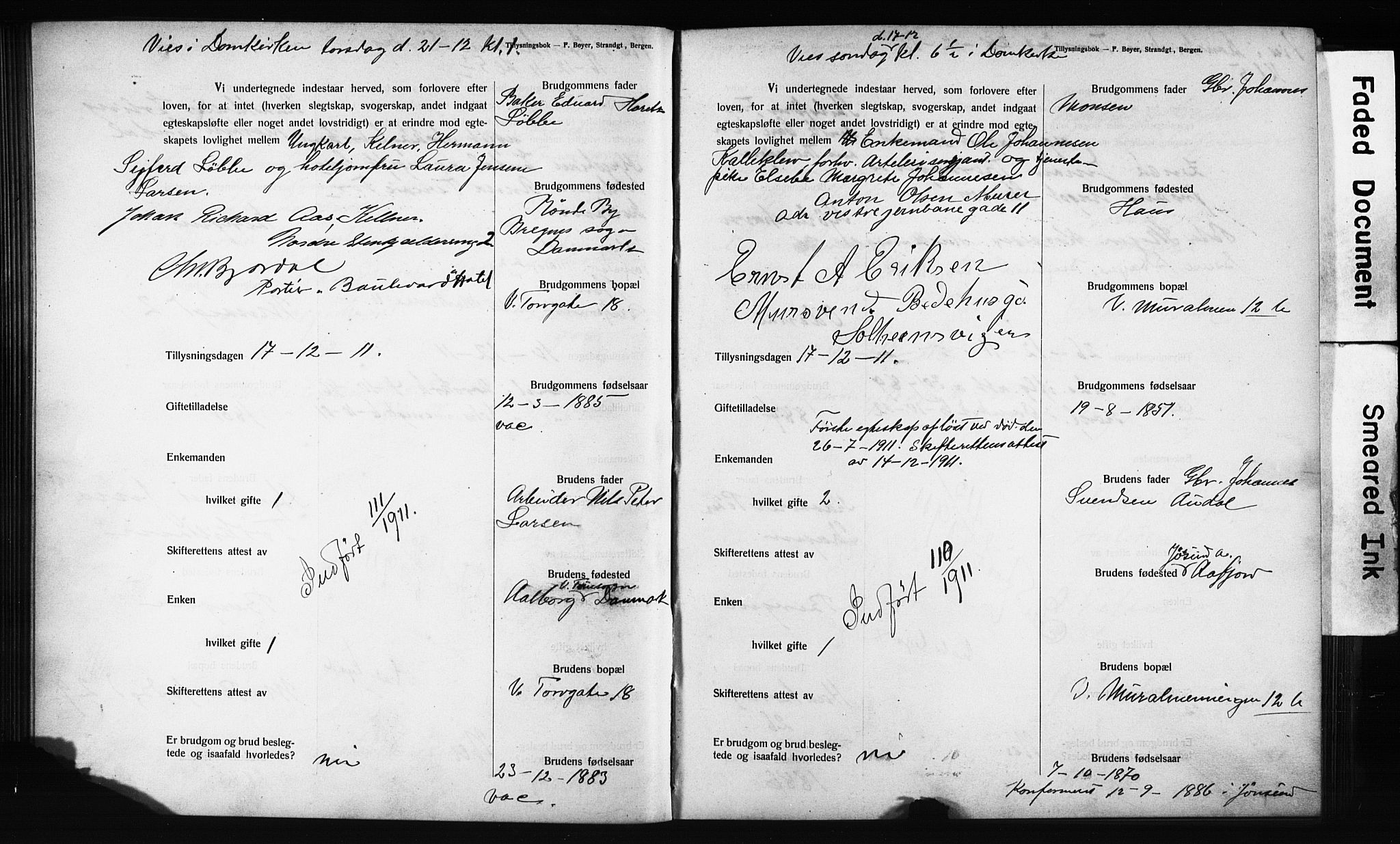 Domkirken sokneprestembete, AV/SAB-A-74801: Forlovererklæringer nr. II.5.12, 1910-1917, s. 71