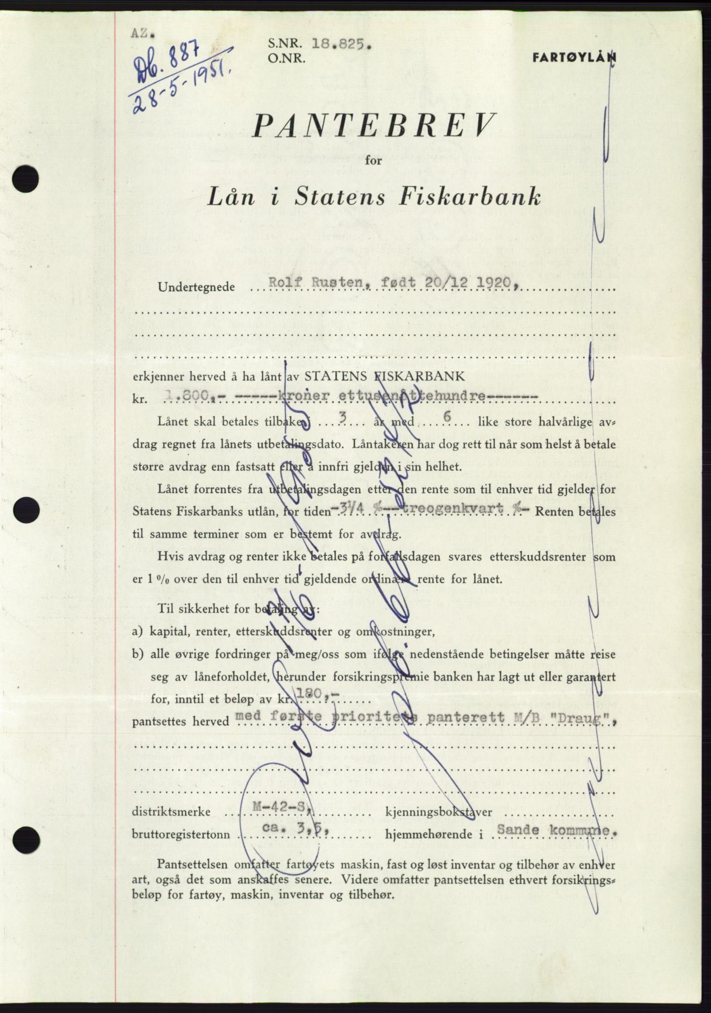 Søre Sunnmøre sorenskriveri, SAT/A-4122/1/2/2C/L0120: Pantebok nr. 8B, 1951-1951, Dagboknr: 887/1951