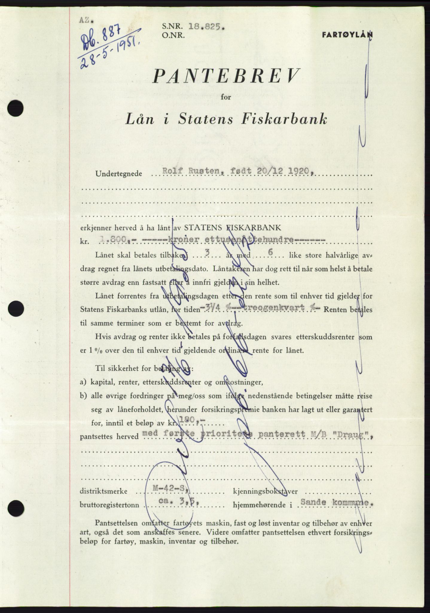 Søre Sunnmøre sorenskriveri, AV/SAT-A-4122/1/2/2C/L0120: Pantebok nr. 8B, 1951-1951, Dagboknr: 887/1951