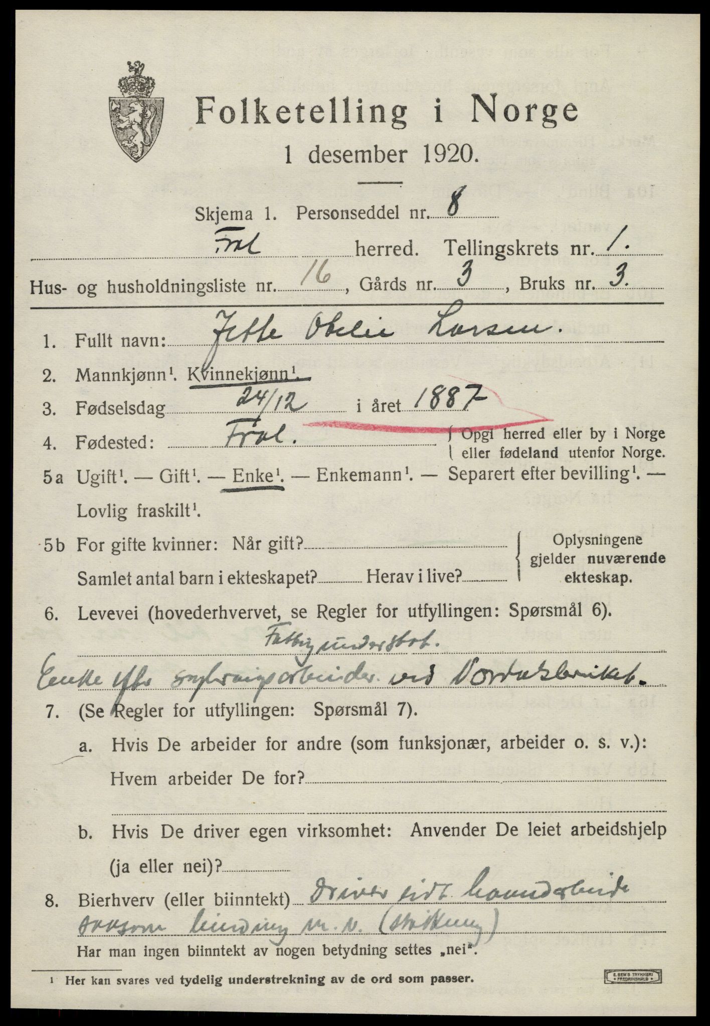 SAT, Folketelling 1920 for 1720 Frol herred, 1920, s. 1065