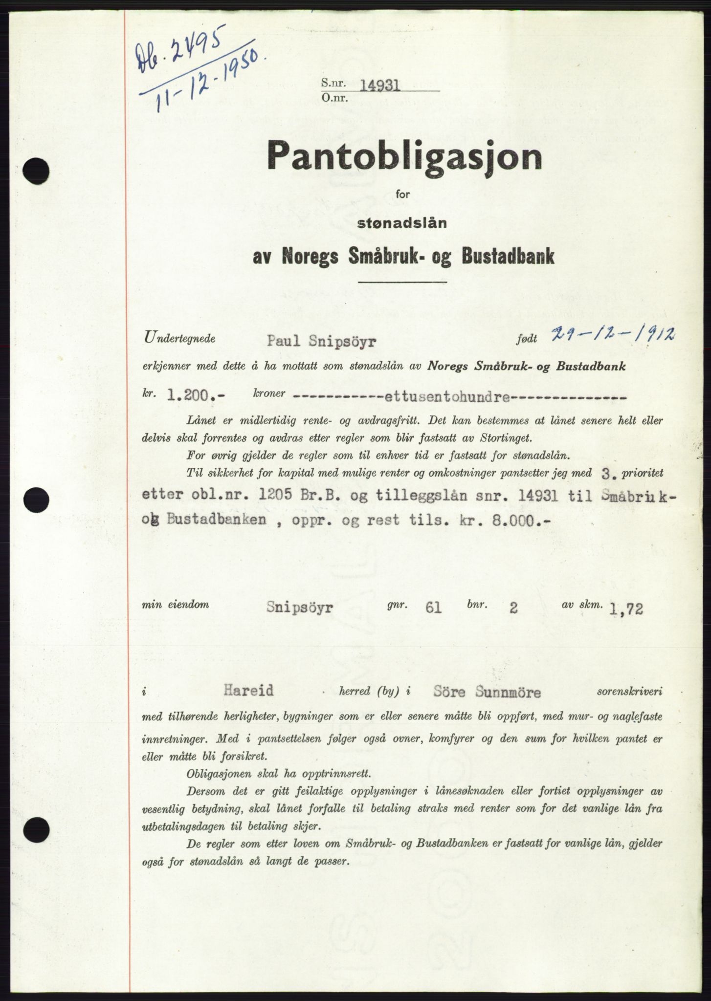 Søre Sunnmøre sorenskriveri, SAT/A-4122/1/2/2C/L0119: Pantebok nr. 7B, 1950-1951, Dagboknr: 2495/1950