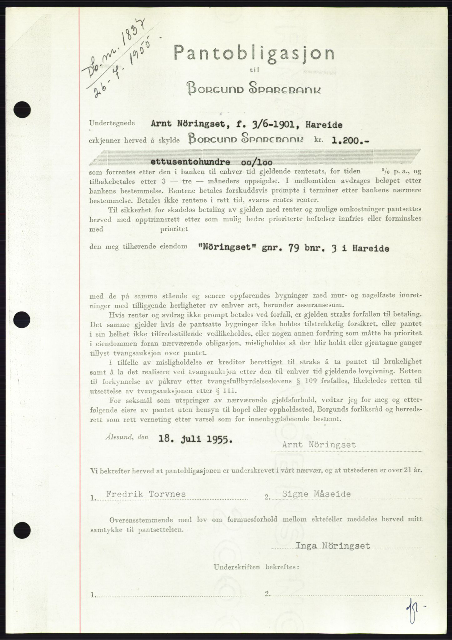 Søre Sunnmøre sorenskriveri, SAT/A-4122/1/2/2C/L0127: Pantebok nr. 15B, 1955-1955, Dagboknr: 1837/1955