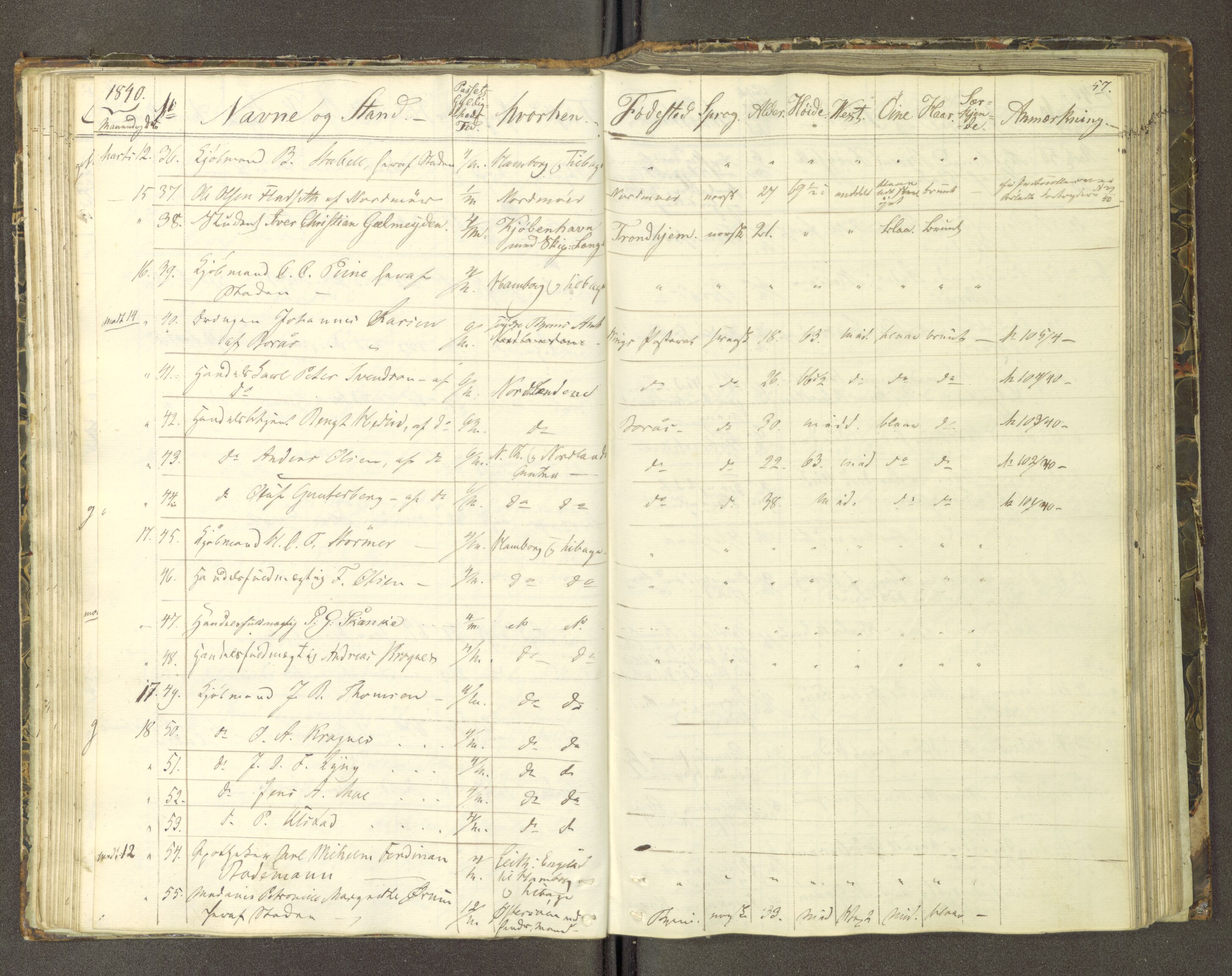 Trondheim politikammer, AV/SAT-A-1887/1/30/L0007: Passprotokoll. Første del:utstedtete pass. Andre del :innleverte/fornyede, 1837-1840, s. 56b-57a