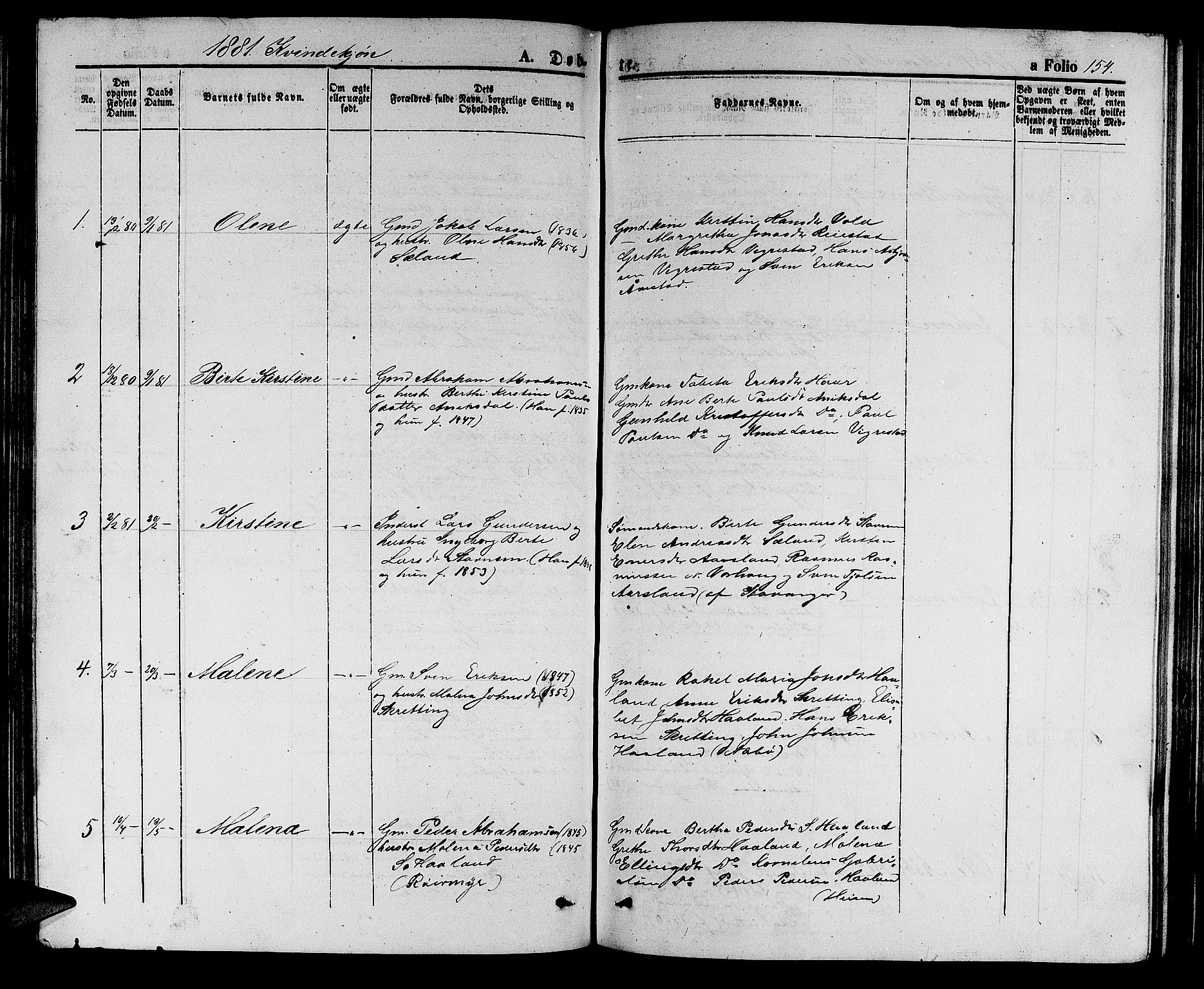 Hå sokneprestkontor, AV/SAST-A-101801/001/30BB/L0002: Klokkerbok nr. B 2, 1854-1883, s. 154