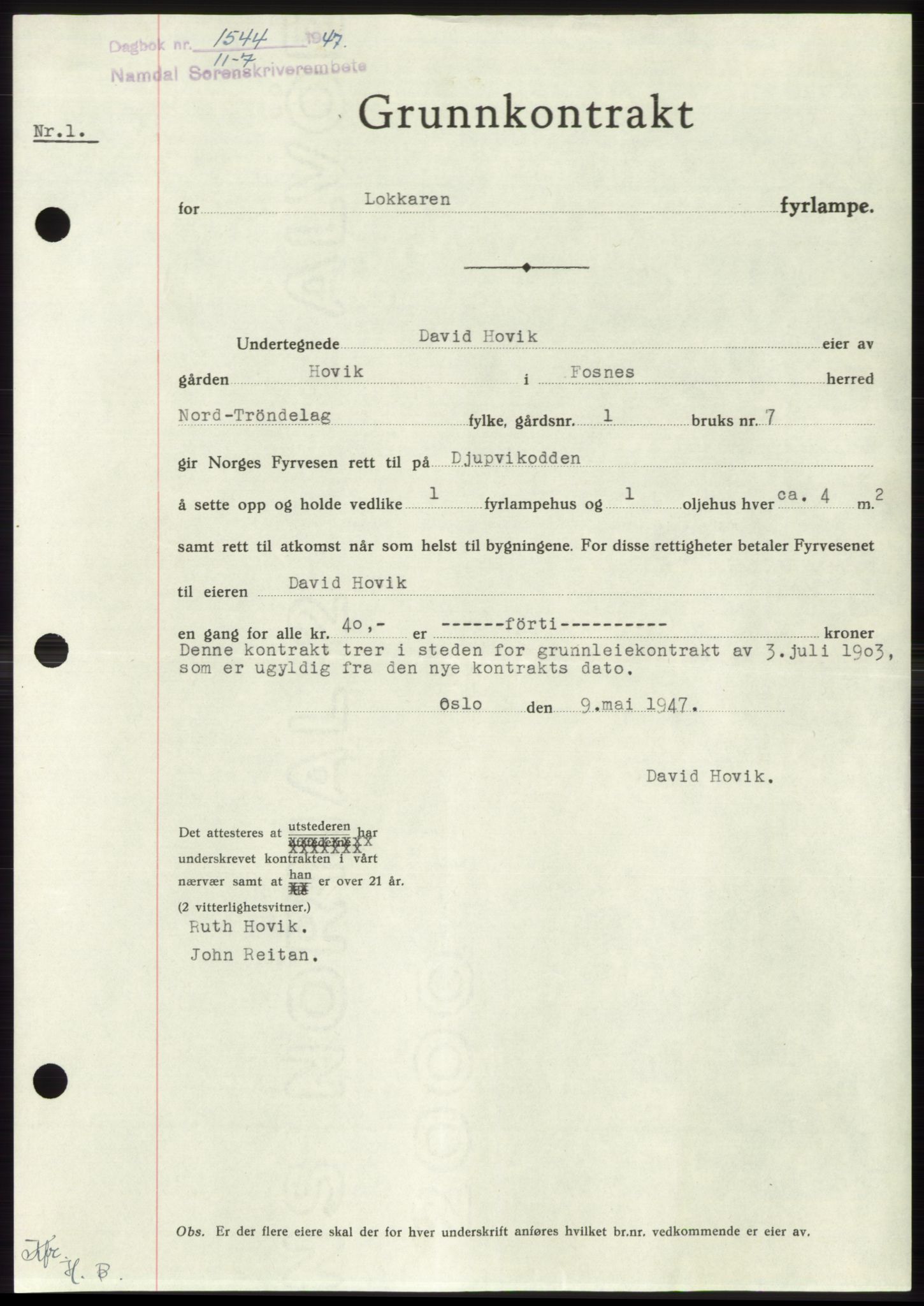 Namdal sorenskriveri, SAT/A-4133/1/2/2C: Pantebok nr. -, 1947-1947, Dagboknr: 1544/1947