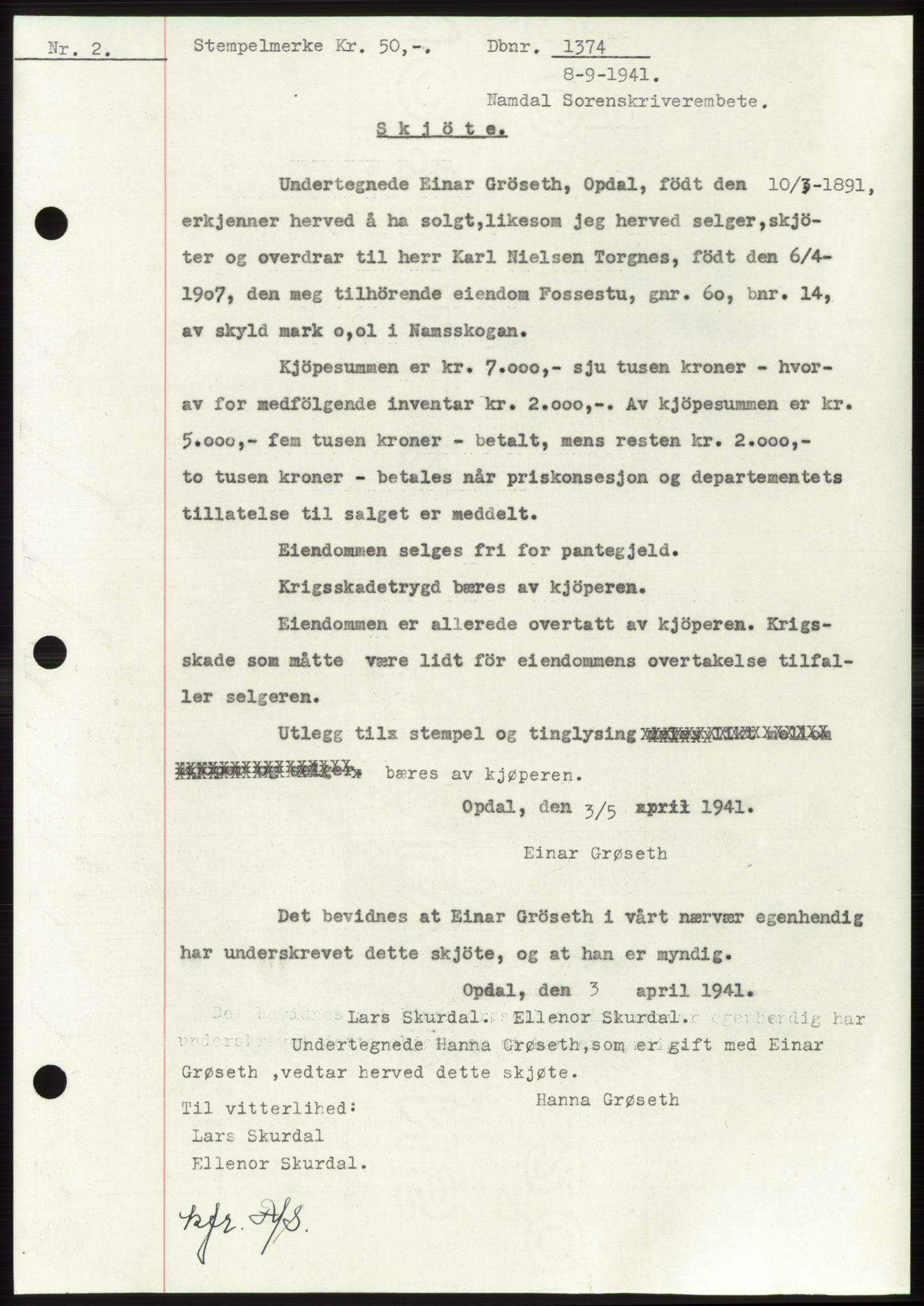 Namdal sorenskriveri, SAT/A-4133/1/2/2C: Pantebok nr. -, 1941-1942, Dagboknr: 1374/1941