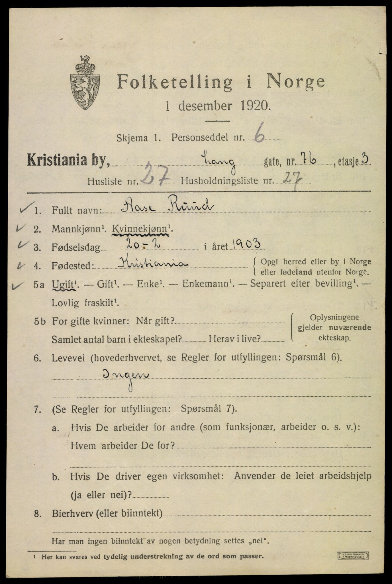 SAO, Folketelling 1920 for 0301 Kristiania kjøpstad, 1920, s. 360991