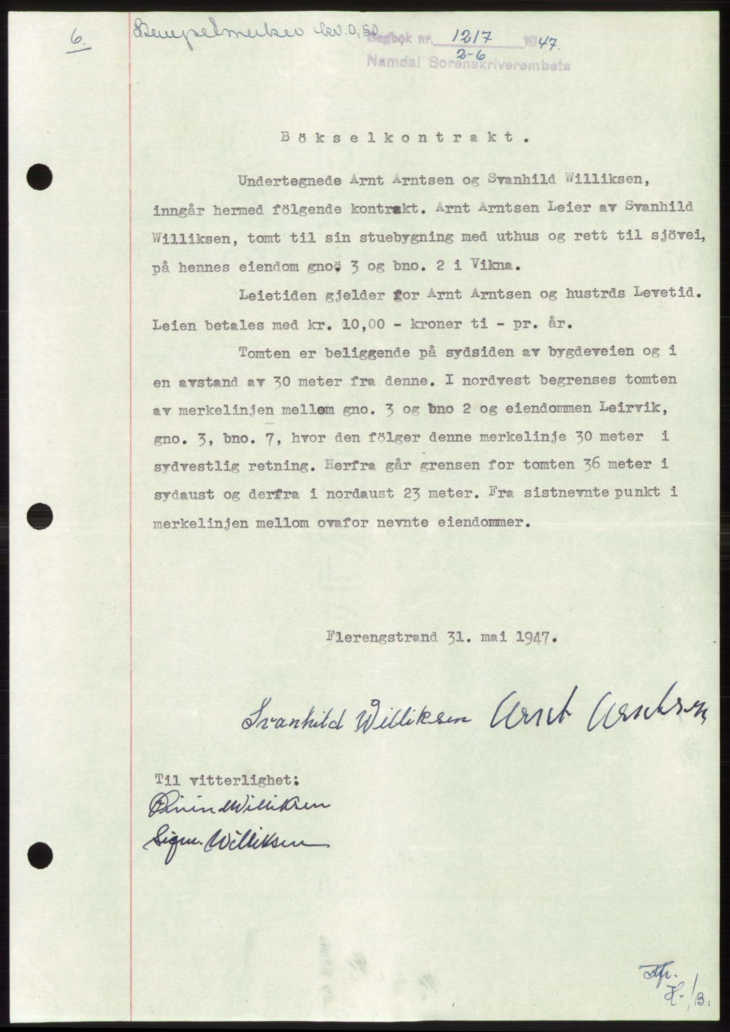 Namdal sorenskriveri, SAT/A-4133/1/2/2C: Pantebok nr. -, 1947-1947, Dagboknr: 1217/1947