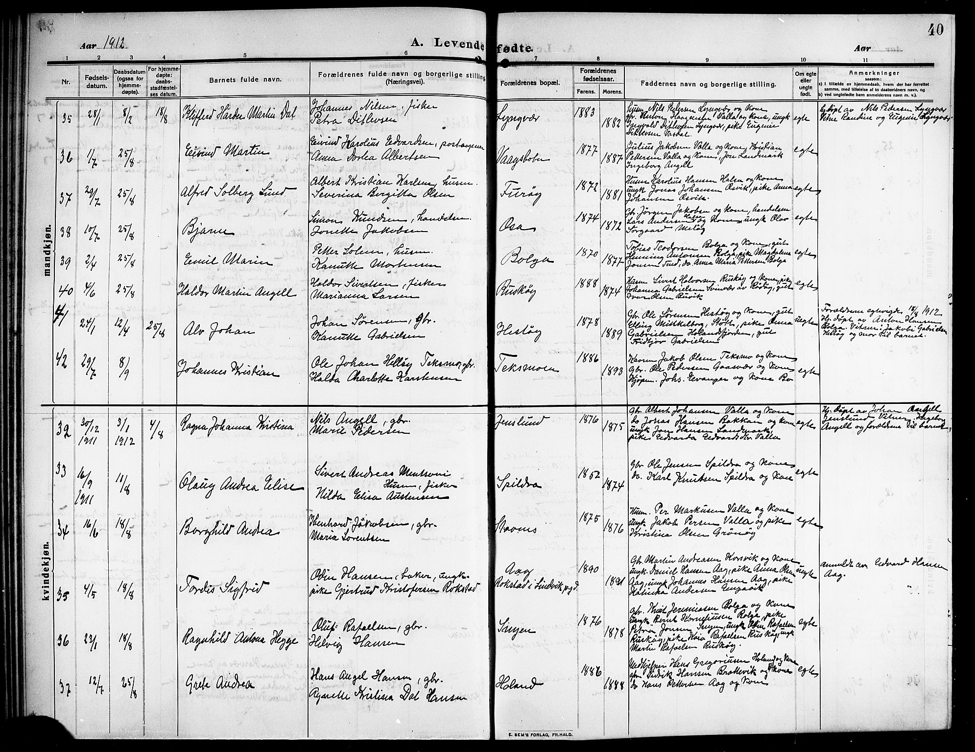 Ministerialprotokoller, klokkerbøker og fødselsregistre - Nordland, AV/SAT-A-1459/843/L0639: Klokkerbok nr. 843C08, 1908-1924, s. 40