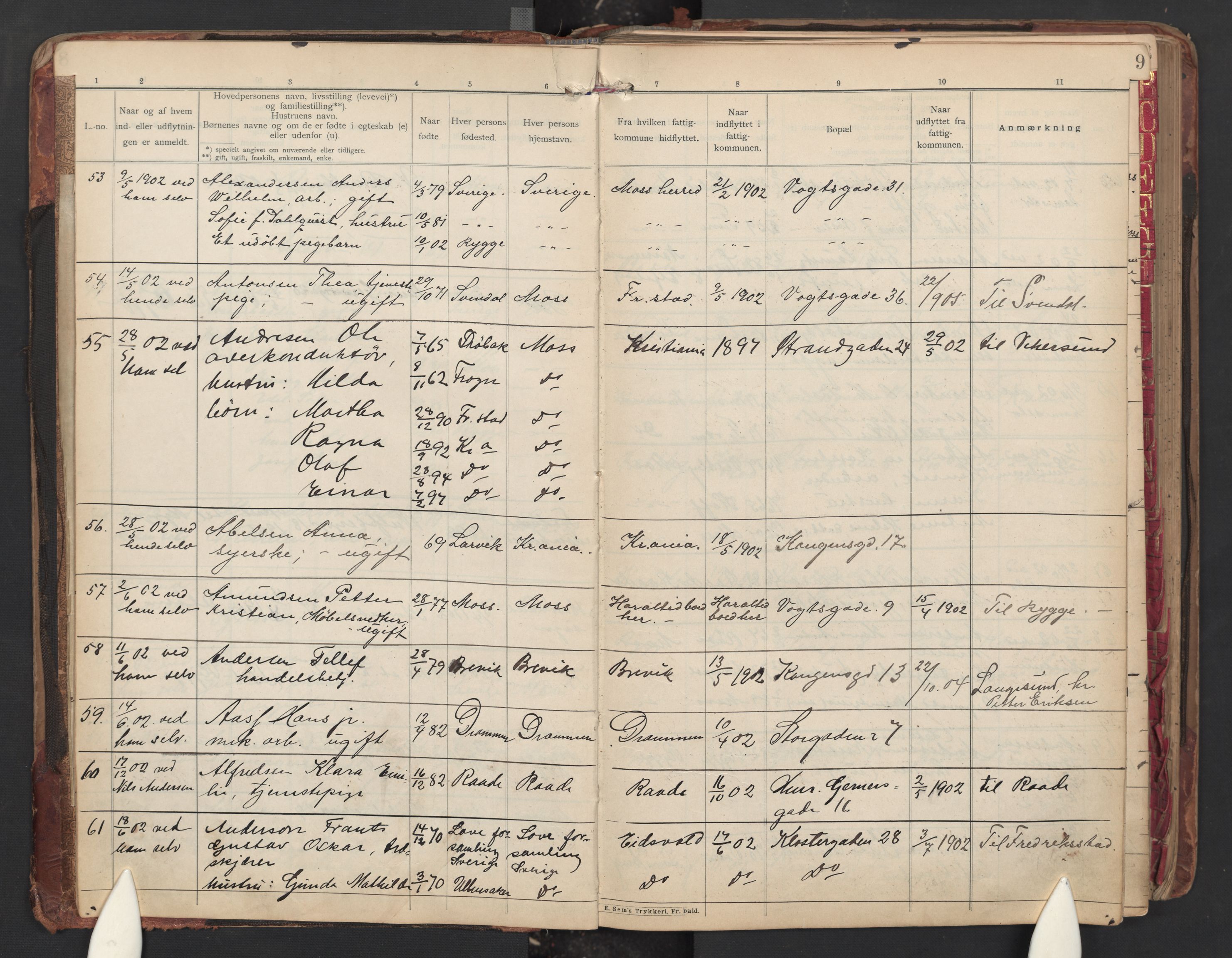Moss folkeregister, AV/SAO-A-10020/J/L0001: Inn- og utflyttede i Moss fattigkommune, 1901-1905, s. 9