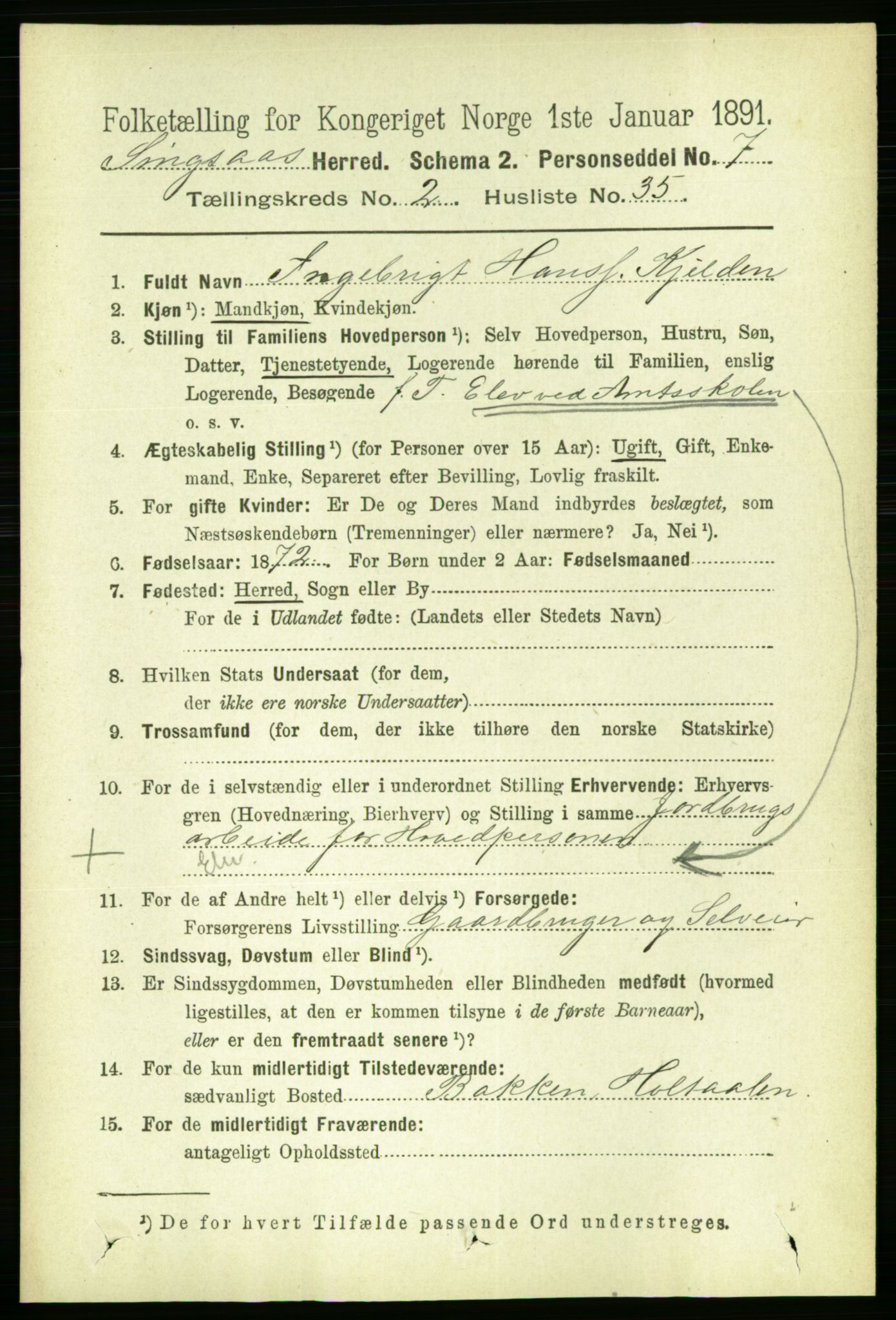 RA, Folketelling 1891 for 1646 Singsås herred, 1891, s. 490