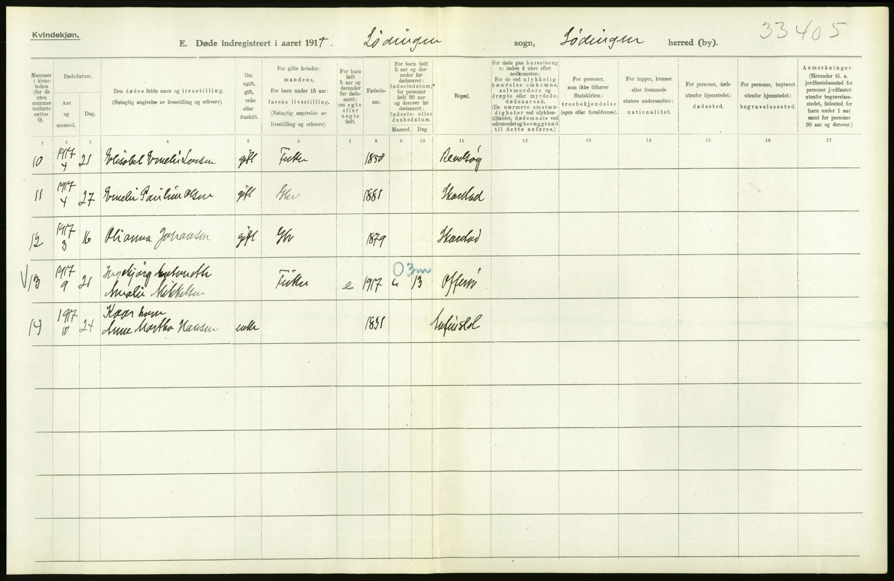 Statistisk sentralbyrå, Sosiodemografiske emner, Befolkning, AV/RA-S-2228/D/Df/Dfb/Dfbg/L0052: Nordlands amt: Døde. Bygder og byer., 1917, s. 26