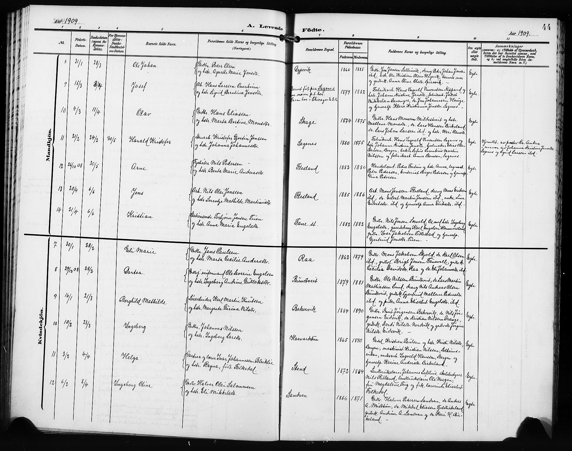 Fana Sokneprestembete, AV/SAB-A-75101/H/Hab/Haba/L0004: Klokkerbok nr. A 4, 1902-1912, s. 44