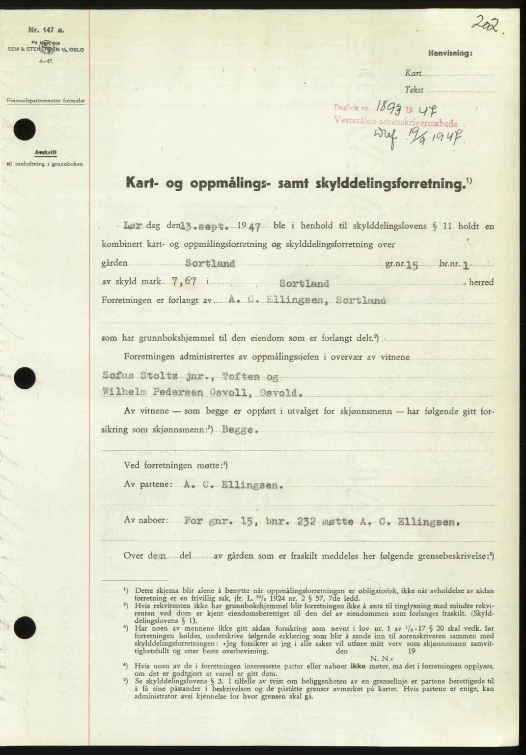 Vesterålen sorenskriveri, SAT/A-4180/1/2/2Ca: Pantebok nr. A21, 1947-1947, Dagboknr: 1893/1947