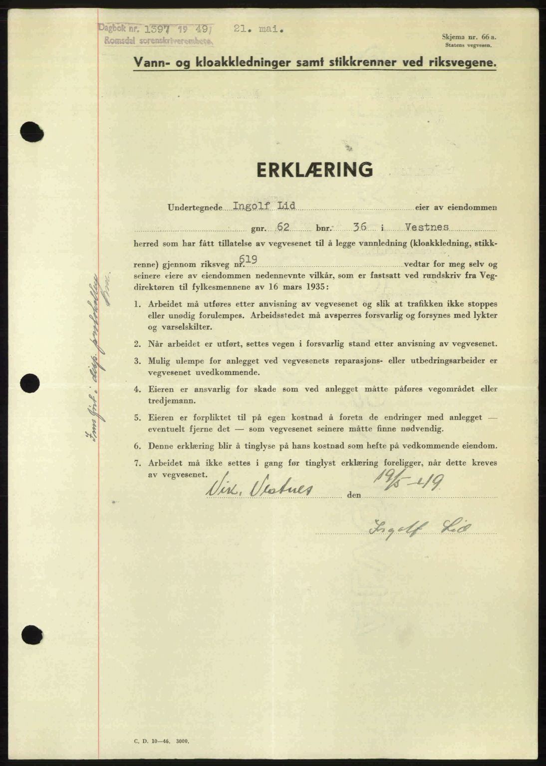 Romsdal sorenskriveri, SAT/A-4149/1/2/2C: Pantebok nr. A29, 1949-1949, Dagboknr: 1397/1949