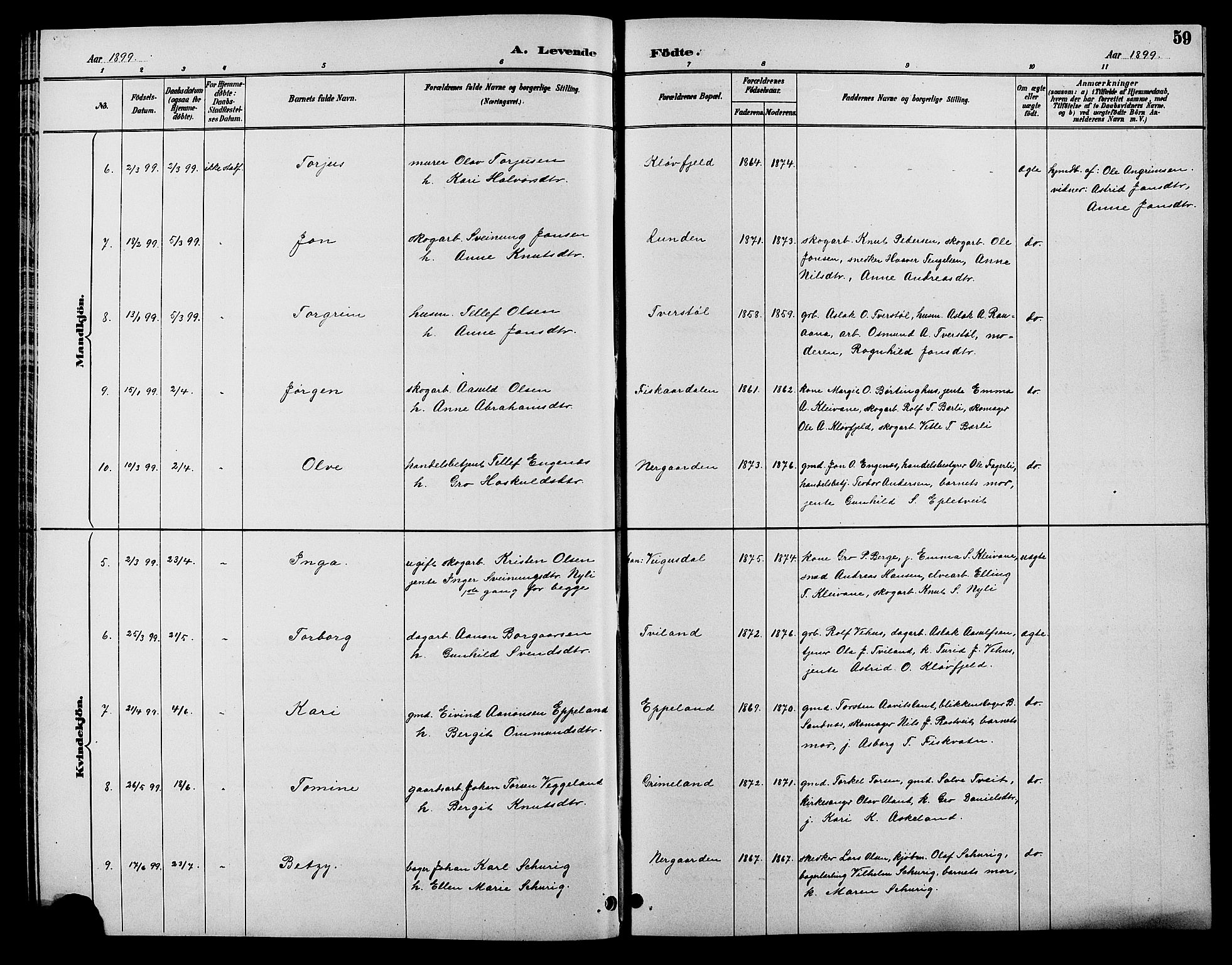 Åmli sokneprestkontor, SAK/1111-0050/F/Fb/Fbc/L0004: Klokkerbok nr. B 4, 1889-1902, s. 59