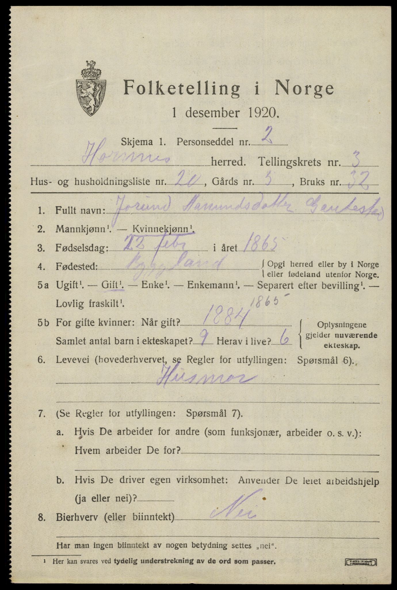 SAK, Folketelling 1920 for 0936 Hornnes herred, 1920, s. 1039