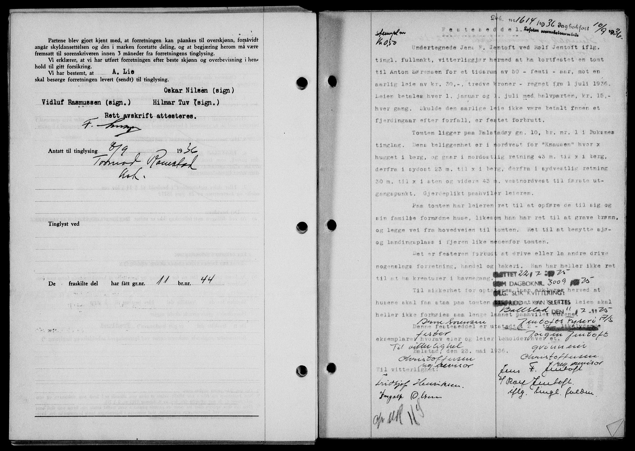 Lofoten sorenskriveri, SAT/A-0017/1/2/2C/L0001a: Pantebok nr. 1a, 1936-1937, Dagboknr: 1614/1936