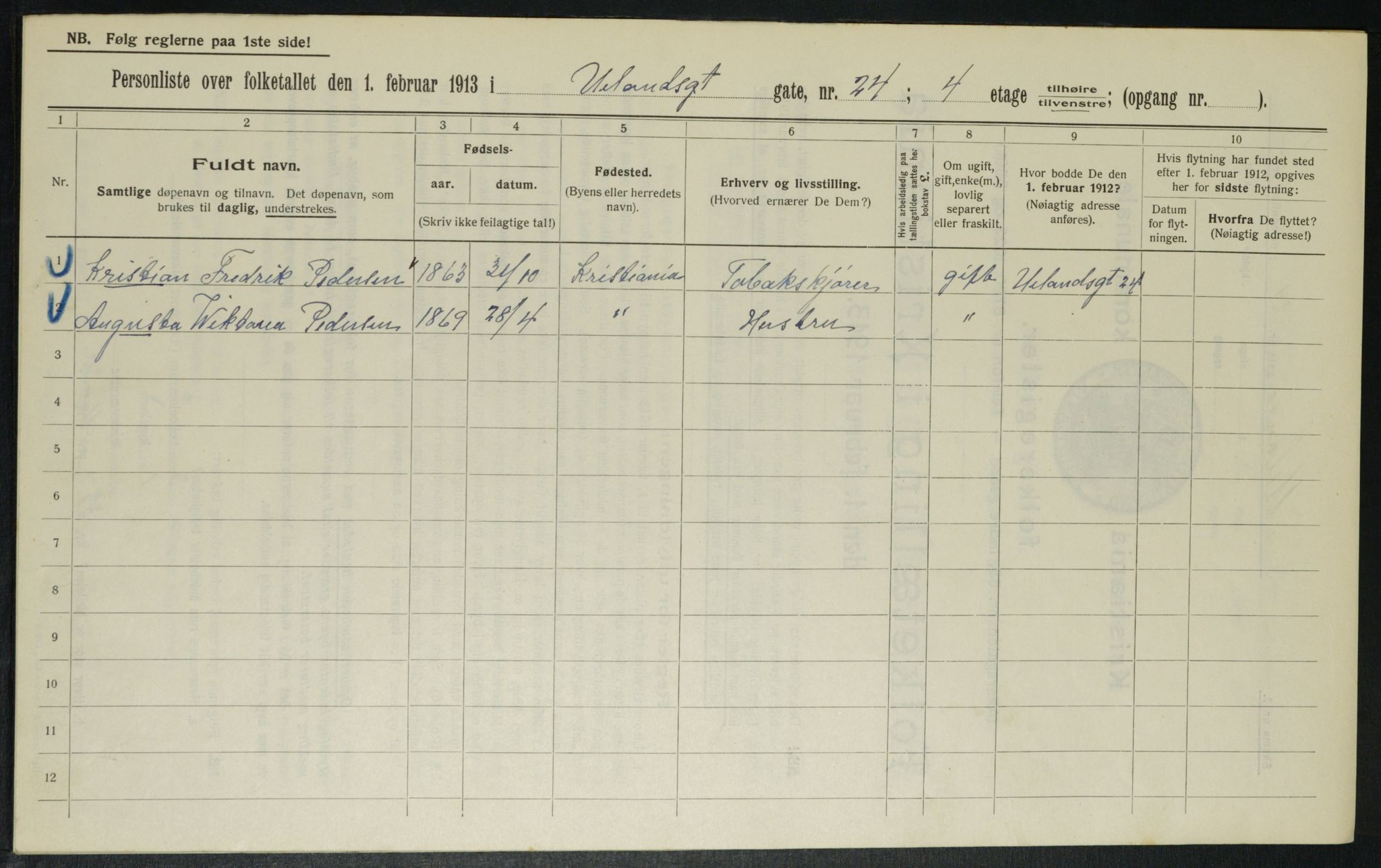 OBA, Kommunal folketelling 1.2.1913 for Kristiania, 1913, s. 118655