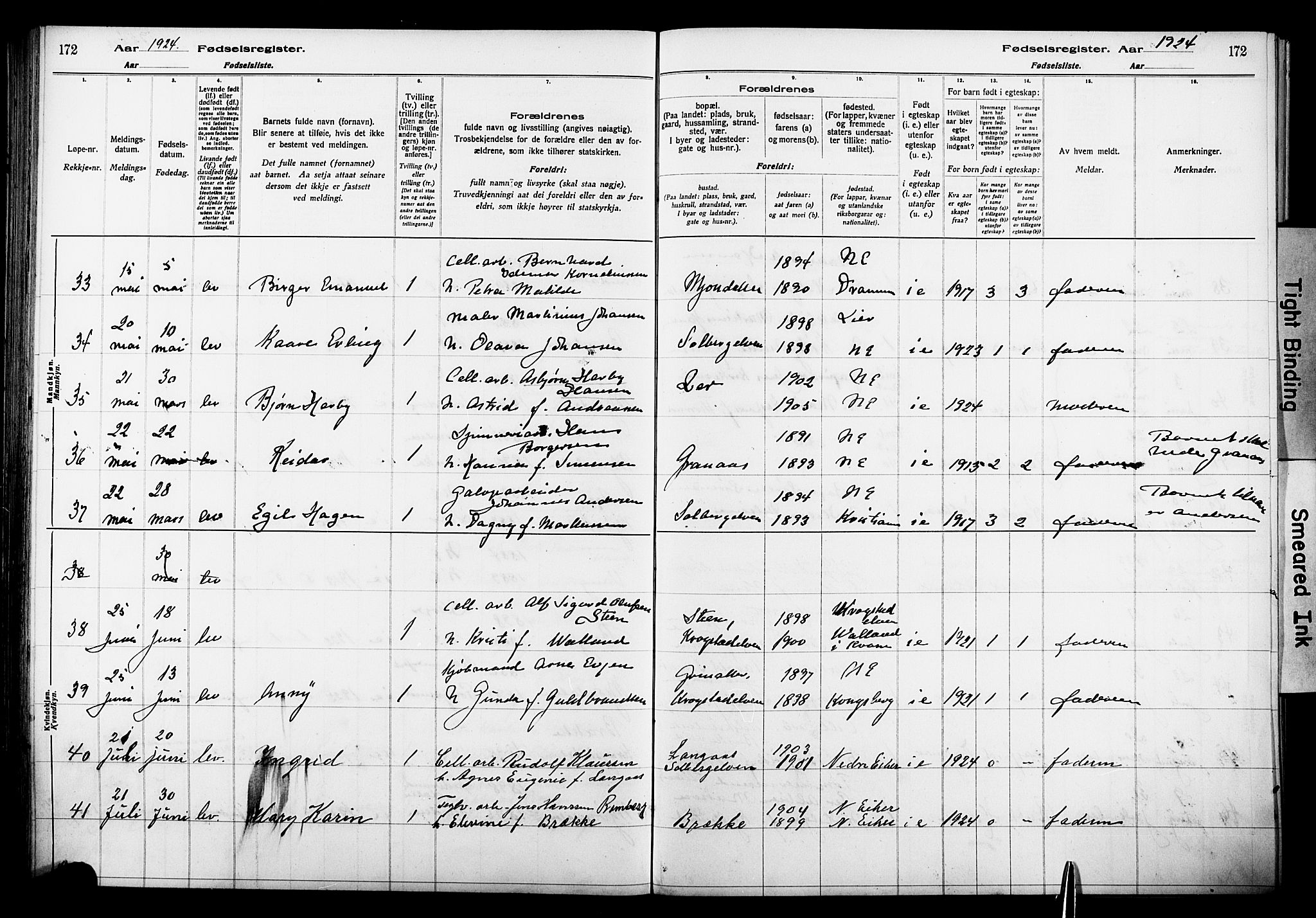 Nedre Eiker kirkebøker, AV/SAKO-A-612/J/Ja/L0001: Fødselsregister nr. 1, 1916-1925, s. 172