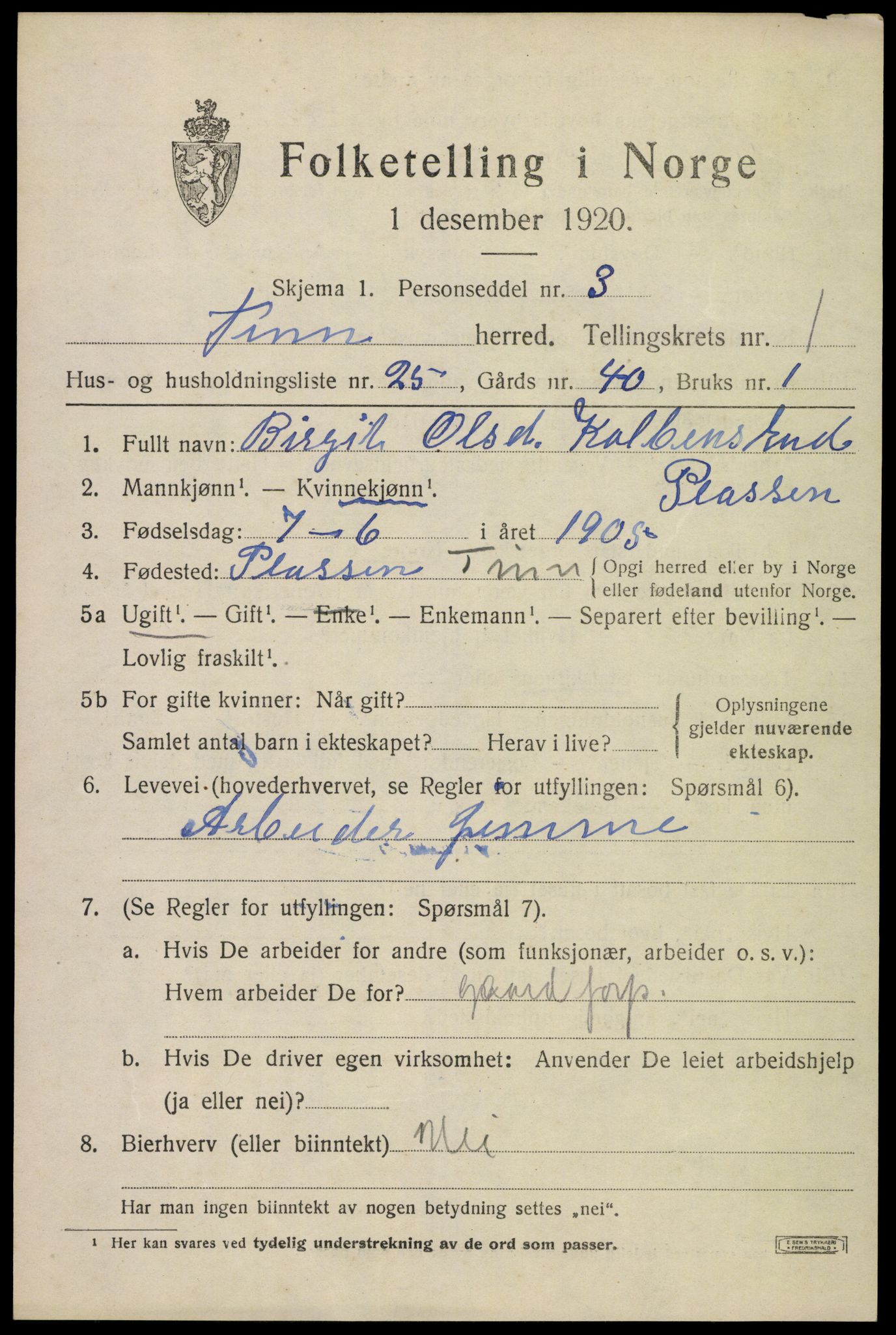 SAKO, Folketelling 1920 for 0826 Tinn herred, 1920, s. 3004